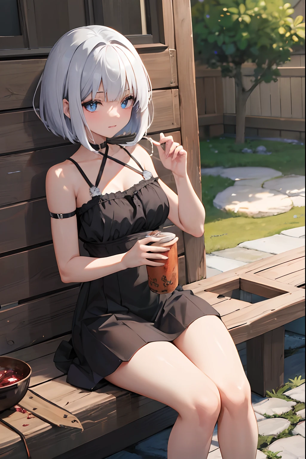 Older sister, skinny, short white hair, wearing sunglasses, small breasts, sitting and drinking on a wooden chair, black eyes, naked, naked at night, the table has white, sexy, feet free on the table.
