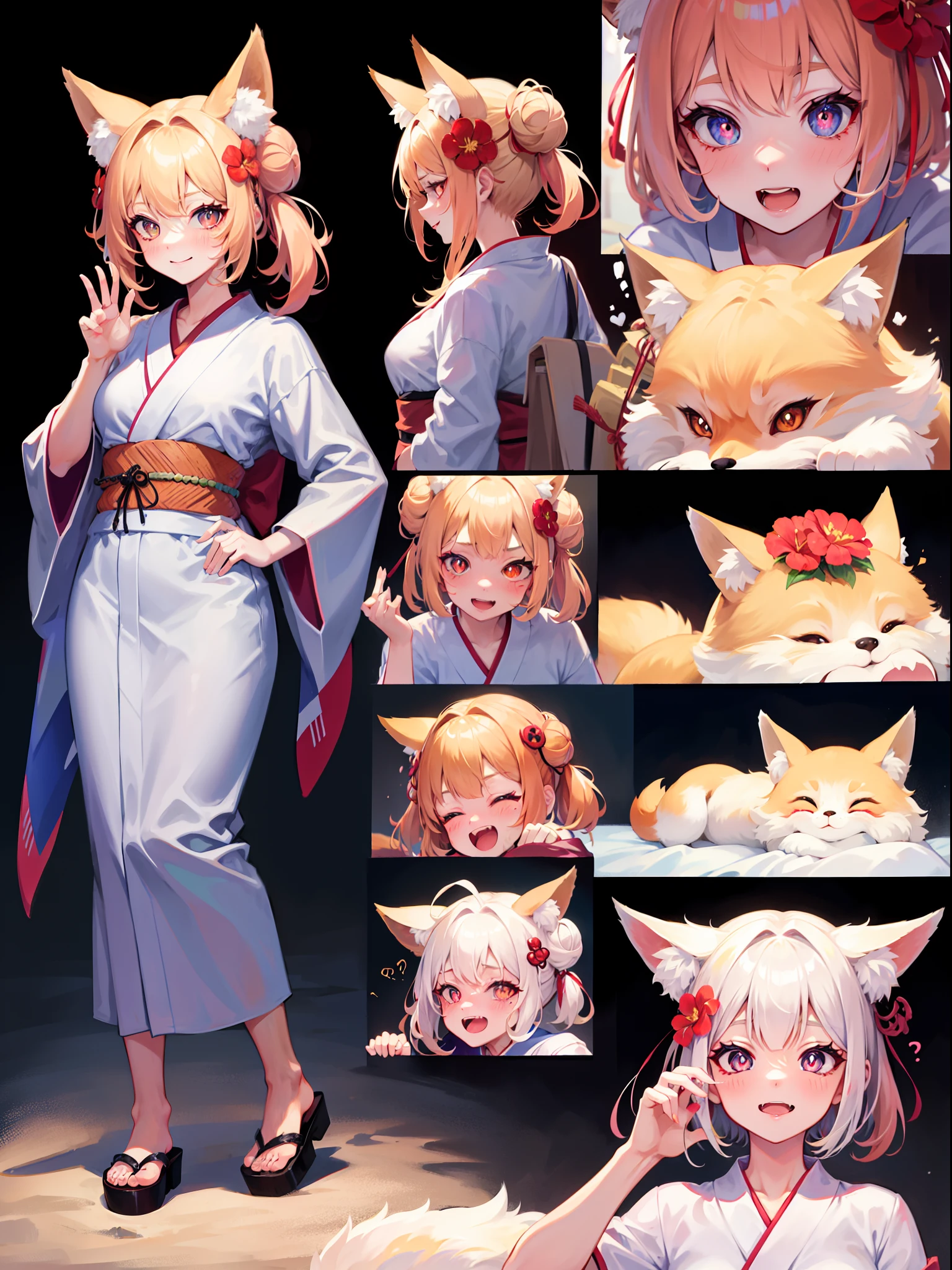 1girl, foxgirl, monstergirl, fullbody, fox tail, nine tails, kitsune, hair bun, hairpin, hair flower, multicolored eyes, mismatched pupils, mismatched sclera, dilated pupils, long_eyelashes, animal ears, fox ears, smile, shy, drunk, expressions, lowered yukata, grey-ginger hair, accurate, tsundere, masterpiece, high details, high quality, highres, 1080P, 16k, anatomically correct, textured skin,, ahegao