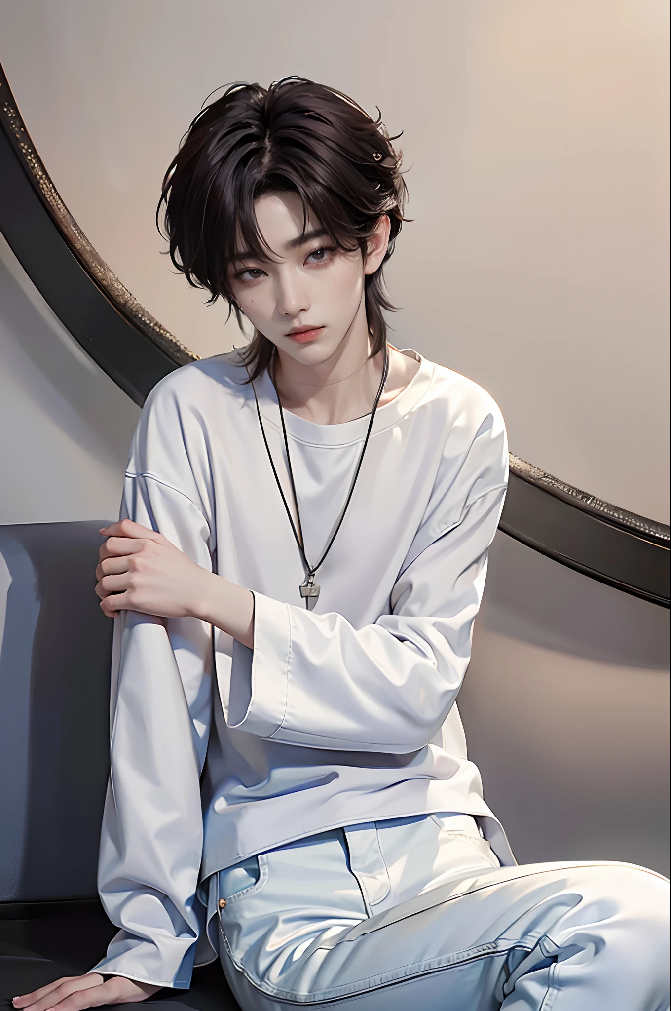 4k、masterpiece、(top-quality)、((high-level image quality))、One Manly Boy、((White Y-shirt and long black pants))、(Detailed beautiful eyes)、Stylish homeroom、Take a selfie while sitting with your back to the wall、Face similar to Chaewon in Ruseraphim、((short hair above the ears))、((Smaller face))、((Neutral face))、((Light brown eyes))、((Korean boy))、((18year old))、((Handsome man))、((Wild look))、((Korean Makeup))、((elongated and sharp eyes))、((Take a selfie))、((Selfie near the face))、((Only his face appears on the screen))