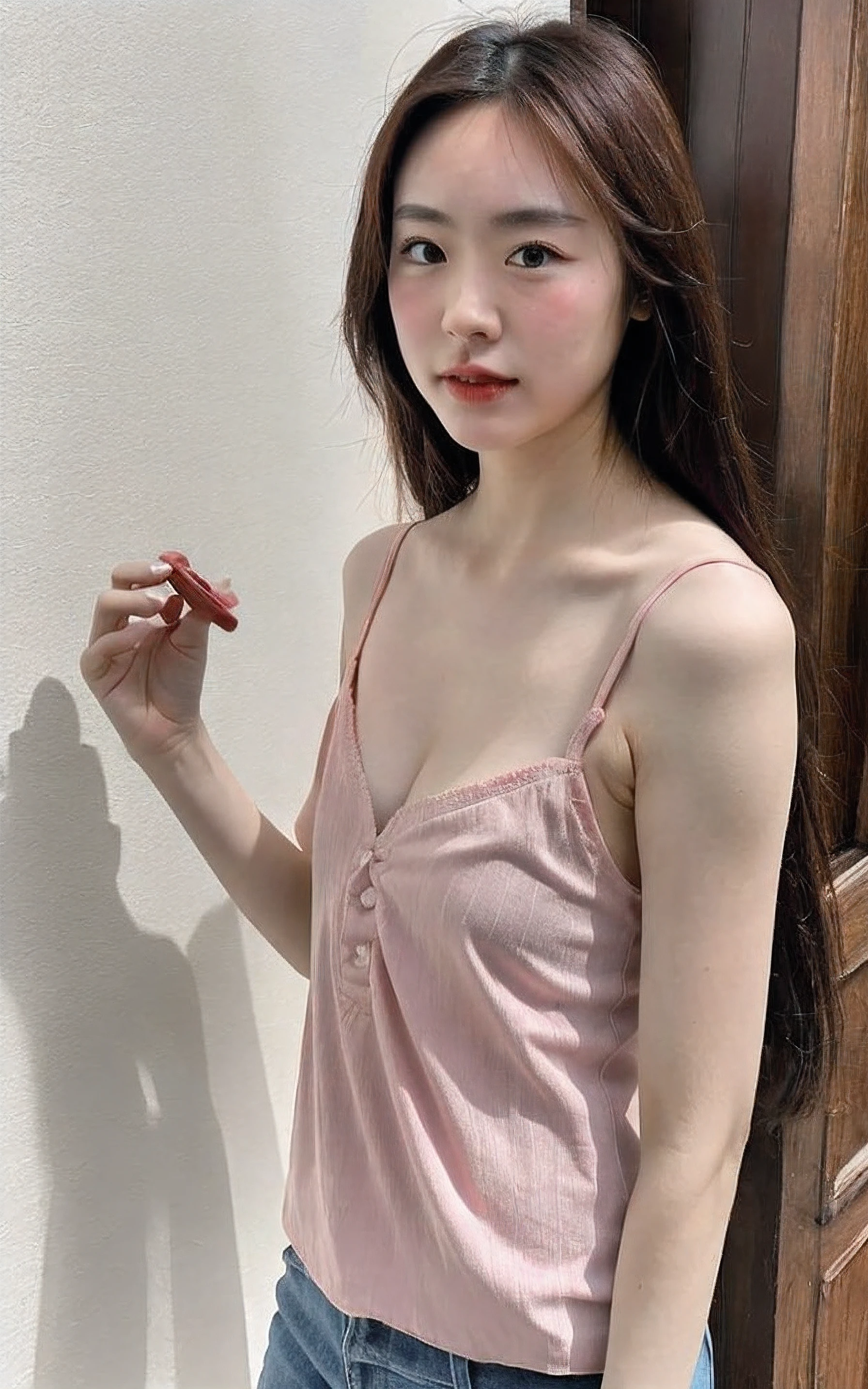 Highly detailed CG Unity 8K wallpaper, With the highest quality, (UHD:1.2,32k), (face detailed:1.2), super detailed, Master Piece, Realistic, photograph realistic, extremely detailed cute girl, 25 years old, (camisole top:1.2), blush , Round eyes, small breasts , (pony-tail hair:0.8), cleavage, looking viewer,(( full body shot)) , standing in the New York Street, (Dynamic Pose), (DSLR photo), ((f/11 Sony A7S 135mm)), (Realistic Skin tone),(nsfw:1.4)