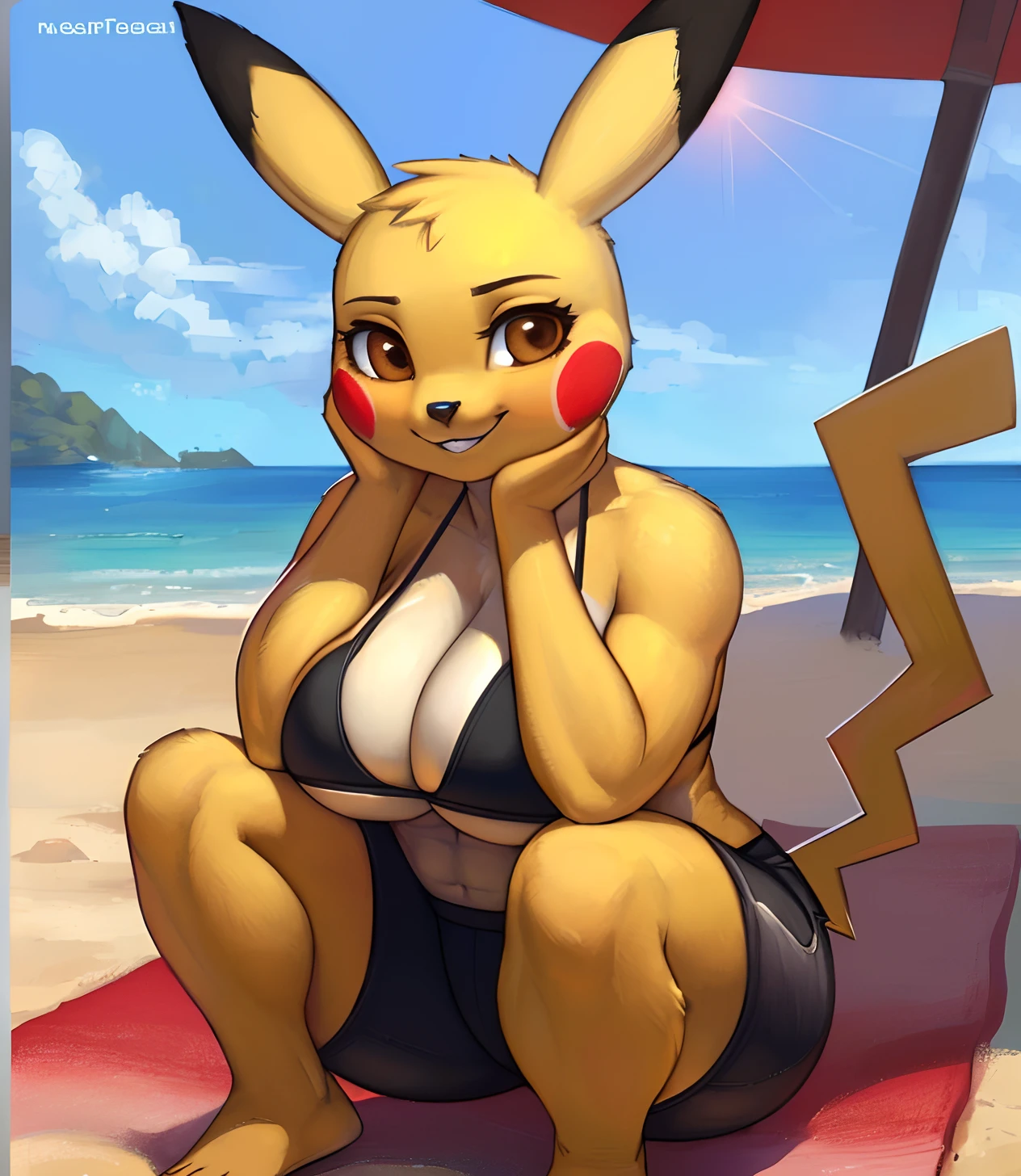 [pikachu], [Uploaded to e621.net; (Pixelsketcher), (napalm_express), (twistedterra)], ((masterpiece)), ((solo portrait)), ((full body)), ((furry; anthro)), ((detailed shading)), ((beautiful 2D art)), {anthro; (yellow fur, black nose, pointed pikachu ears, red pikachu cheeks, female pikachu tail), brown eyes, (smug smile), (white teeth), thin eyebrows), (beautiful feet), (slightly muscular legs)}, {(orange bikini top, large boobs, black spandex shorts)}, {(on beach towel), (squatting), (head resting on hands)}, [background; (beach), (blue sky), (beautiful ocean), (sun rays)]