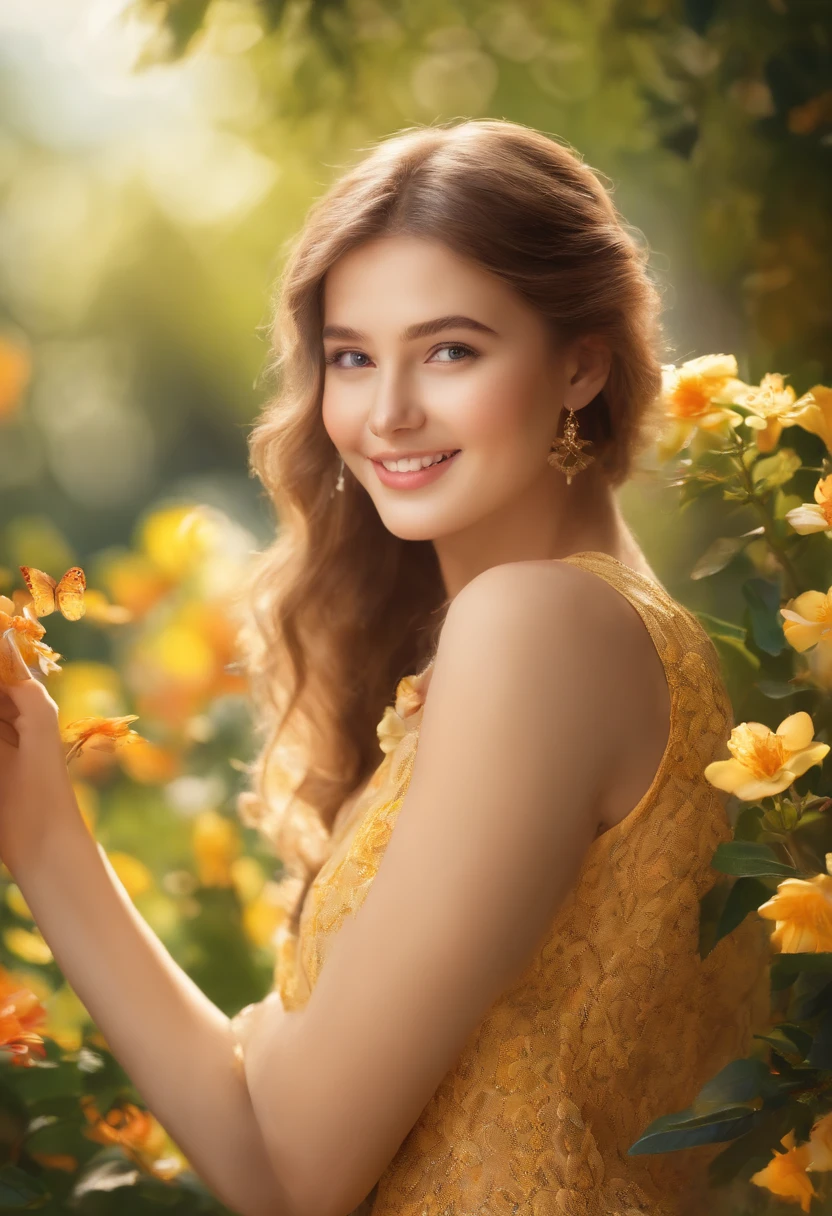 16 years old, cute Russian teenager, full body, monolid eyes, small round eyes, super cute smile, youthful appearance, vibrant complexion, natural beauty, long eyelashes, fashionable outfit, confident posture, standing in a beautiful garden, surrounded by blooming flowers and lush greenery, soft sunlight casting a warm glow on the scene, colorful butterflies fluttering around, capturing the joy and innocence of youth, capturing a moment of happiness, creating a vibrant and lively atmosphere, painted in a lifelike manner, using oil paints to create texture and depth, high-resolution details, emphasizing the fine lines of the facial features, showcasing the individuality of the subject, with precise brushstrokes, showcasing the intricate details of the garden, highlighting the delicate petals and intricate patterns of the flowers, creating a harmonious blend of realism and artistic interpretation, incorporating impressionistic elements to add a touch of dreaminess, evoking a sense of nostalgia and tranquility, with a color palette dominated by soft pastel hues, creating a whimsical and enchanting ambiance. (best quality, 4k, highres, masterpiece:1.2), ultra-detailed, (photorealistic:1.37), HDR, vivid colors, studio lighting, bokeh, sharp focus.