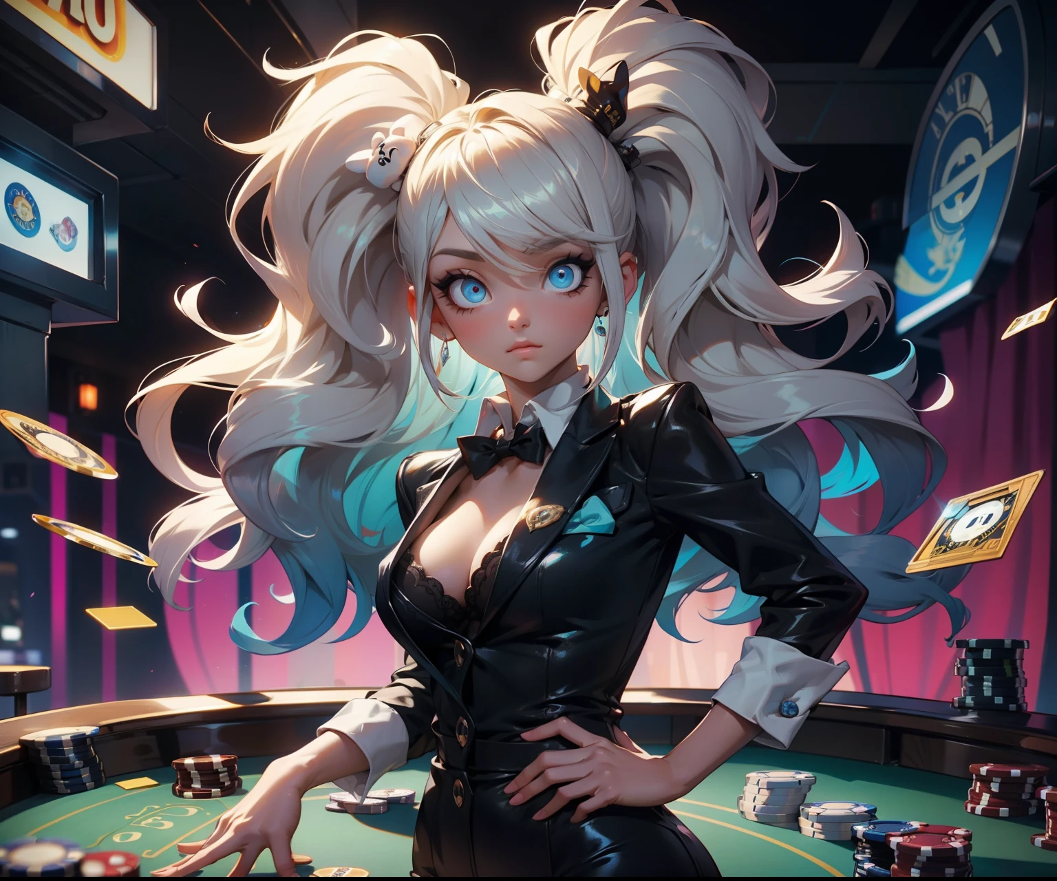 Chica hermosa con ojos bellos, de color azul con cabello largo y plateado con un traje de criada sensual con orejas de conejita de playboy color negro y blanco, en un fondo en un casino, manos bien detallados con 5 dedos, con medias semi transparentes,