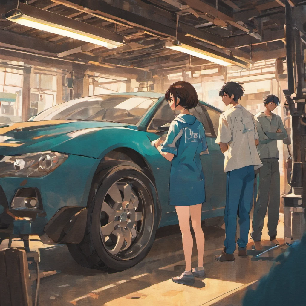 A semi-realistic illustration of a car repair shop with three Asian youths, two males and one female, each doing a different part of the process of applying car wraps. One of the males has slightly dark skin.