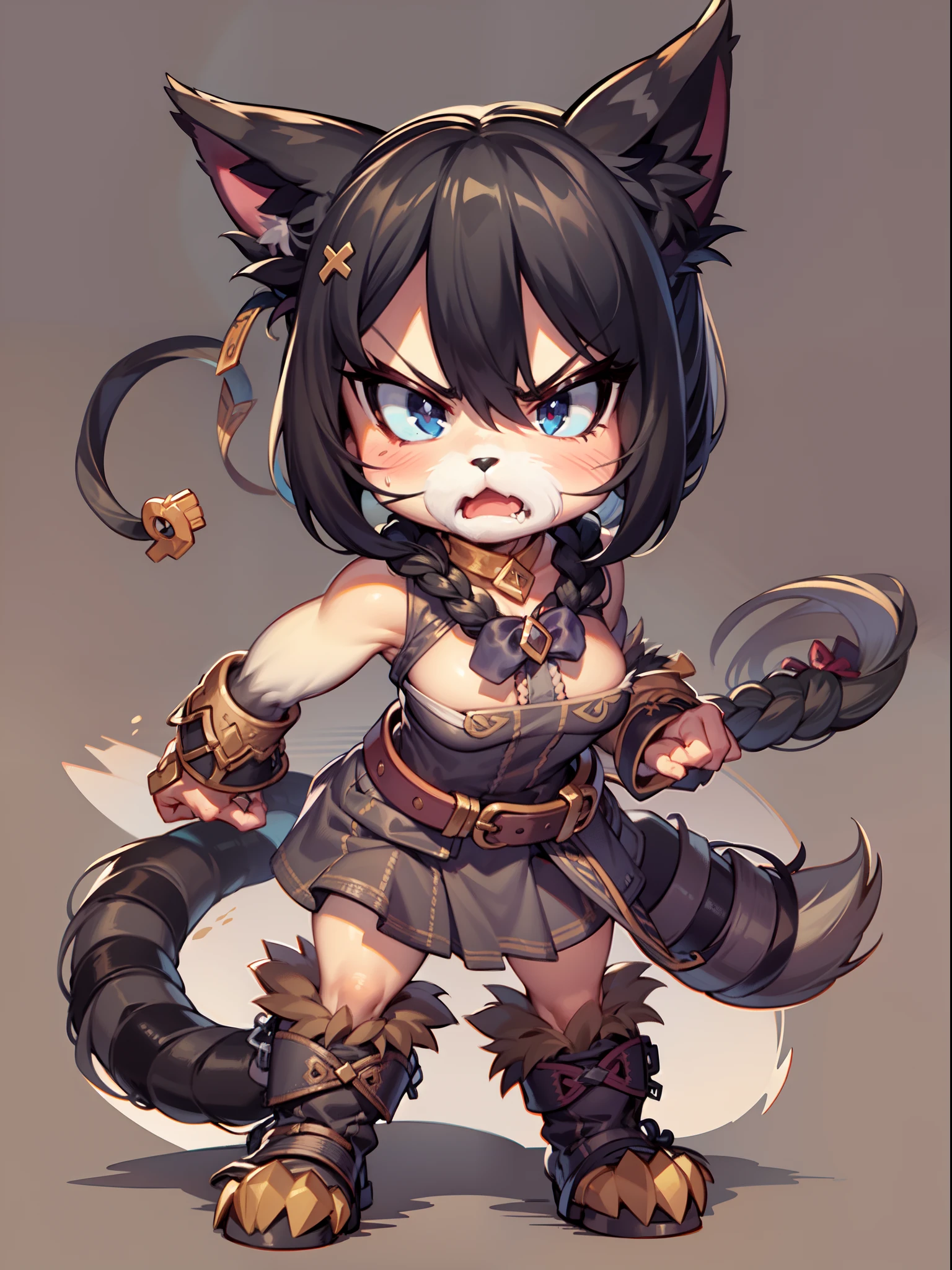 1girl, (Cute catgirl, Furry), (countenance: angry), (Emotions: anger), black hair, twin braids, Precise, Within the boundaries, Rounded corners, outside border, High Details, The barbarian cloth, action pose