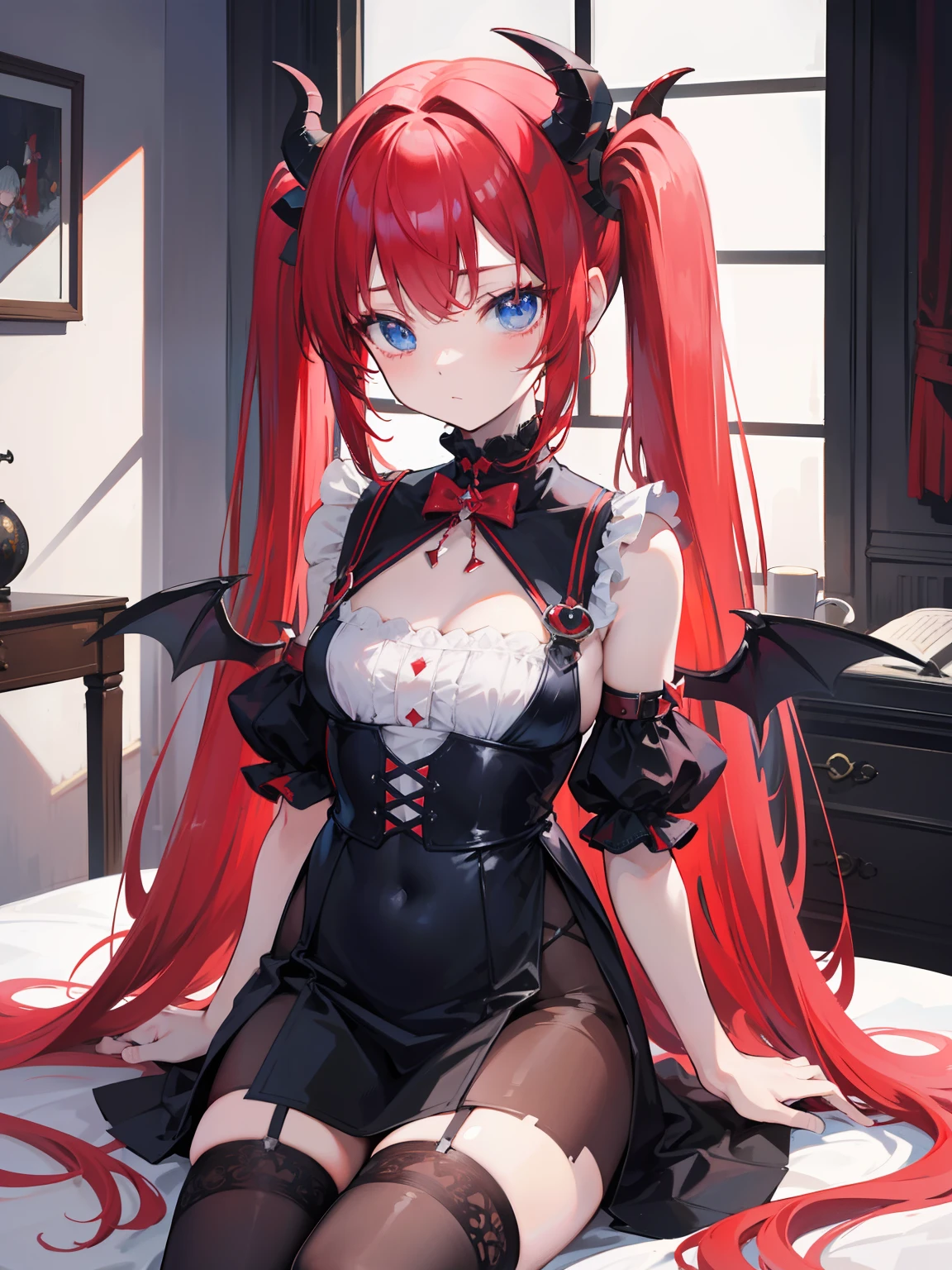 Red hair,Blue eyes,Twintails, Long hair, Solo, Loli, Black stockings,{{Best quality}}, {{Masterpiece}}, {{Ultra-detailed}}, {illustration}, {Detailed light}, {An extremely delicate and beautiful},,Cute,Succubus, demon,Horns