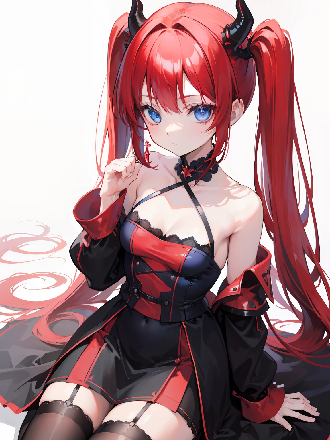 Red hair,Blue eyes,Twintails, Long hair, Solo, Loli, Black stockings,{{Best quality}}, {{Masterpiece}}, {{Ultra-detailed}}, {illustration}, {Detailed light}, {An extremely delicate and beautiful},Little girl,Cute,Succubus, demon,Horns