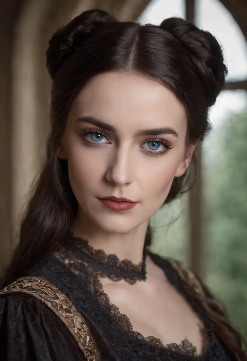 1 beautiful Gothic girl, (Realistic:1.3) upper body, photo, stand in front a manor, gothic dress, dark hair, blue eyes, masterpiece, diffuse soft film lighting, portrait, heavy makeup, best quality (perfect face:1.4), ultra-realistic highly detailed intricate realistic simulation style photo sharply focused on eyes, cinematic lighting, studio shot, gorgeous pose