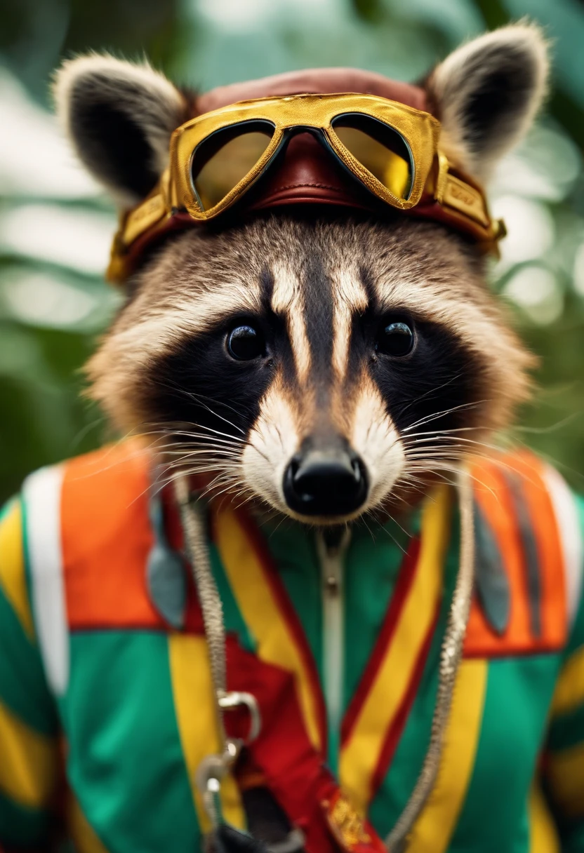Groovy Jamaican 40 year old male raccoon face and ears, with human body, 3/4 profile portrait, modern fashionable style. funky wild 2023 accessories. etc. blurry summer lifeguard background