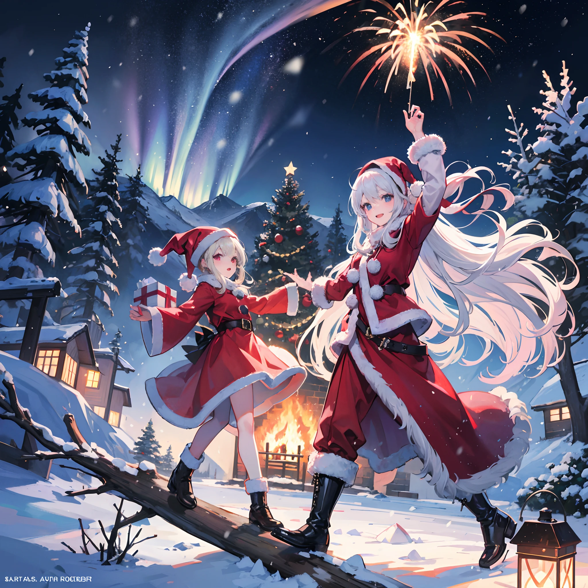 best quality,4k,8k,highres,masterpiece:1.2,ultra-detailed,realistic,photorealistic:1.37,snow-capped mountains,sparkling snowflakes,fine ice sculptures,breathtaking fireworks,dancing auroras,christmas atmosphere,colorful balloons, cozy log cabins, joyful children playing, magical winter wonderland, serene mountain peaks, magnificent ice formations, frosty trees, twinkling lights, snowy trails, Santa Claus delivering gifts, warm bonfires, cheerful carolers, peaceful moonlit night, freezing temperatures, crisp air