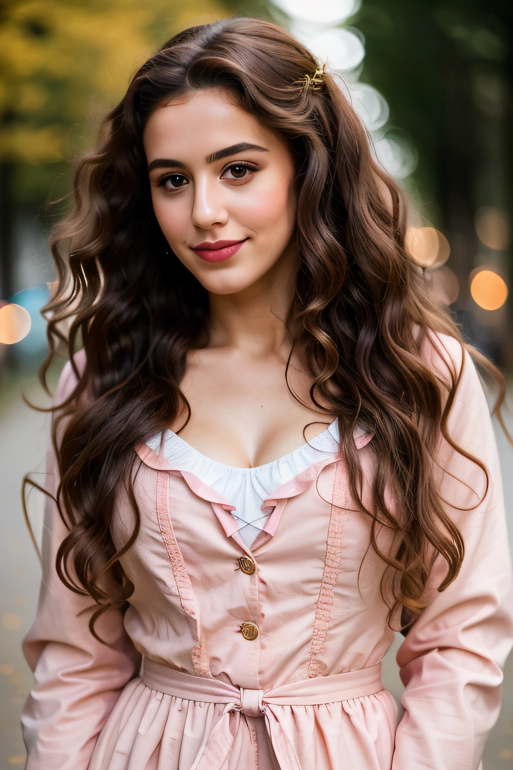 Instagram photo of a young French woman, 21 years old, beautiful face, make-up, bokeh, motion blur, very long dark curly hair, 35 years old, full lips, closed pink dirndl, covered, jacket, curls, very long expressive hair, shy, happy