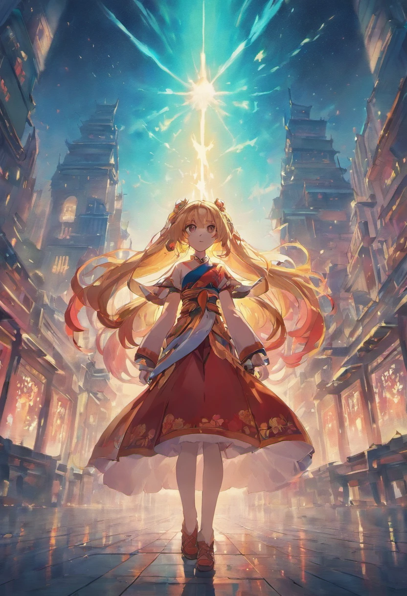 Atmospheric perspective, in a panoramic view, Lens flare, Sony FE GM, Ultra-wide angle, Masterpiece, Anatomically correct, Super detail, High quality, High details,Background: (Magnificent snow-capped mountains under the stars:1.5), aurora, meteor shower, Woman in red Chinese costume,Tang dynasty painting style,Back shadow,long whitr hair