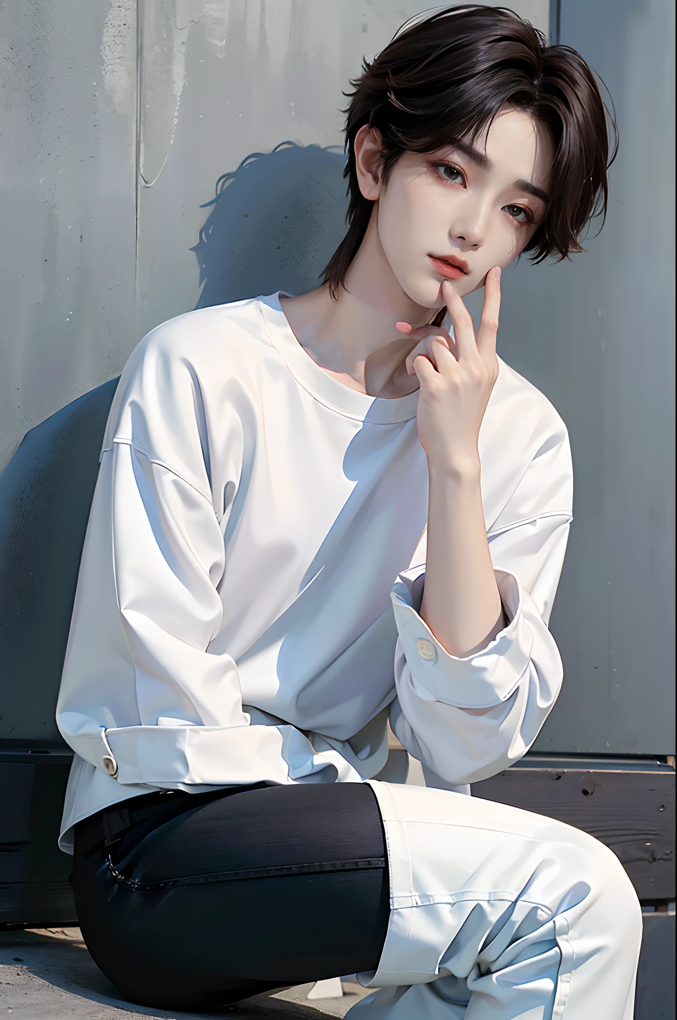 ​masterpiece、（top-quality)、((high-level image quality))、One Manly Boy、Slim body、((White Y-shirt and long black pants))、(Detailed beautiful eyes)、September Night Road、Sit on the curb with your back to the wall、Face similar to Chaewon in Ruseraphim、((short hair above the ears))、((Smaller face))、((Neutral face))、((Light brown eyes))、((Korean boy))、((18year old))、((Handsome man))、((Wild look))、((Korean Makeup))、((elongated and sharp eyes))、((Sit next to the viewer))、((shot from a side angle))、((The upper part of the body))、((Close-range shooting))