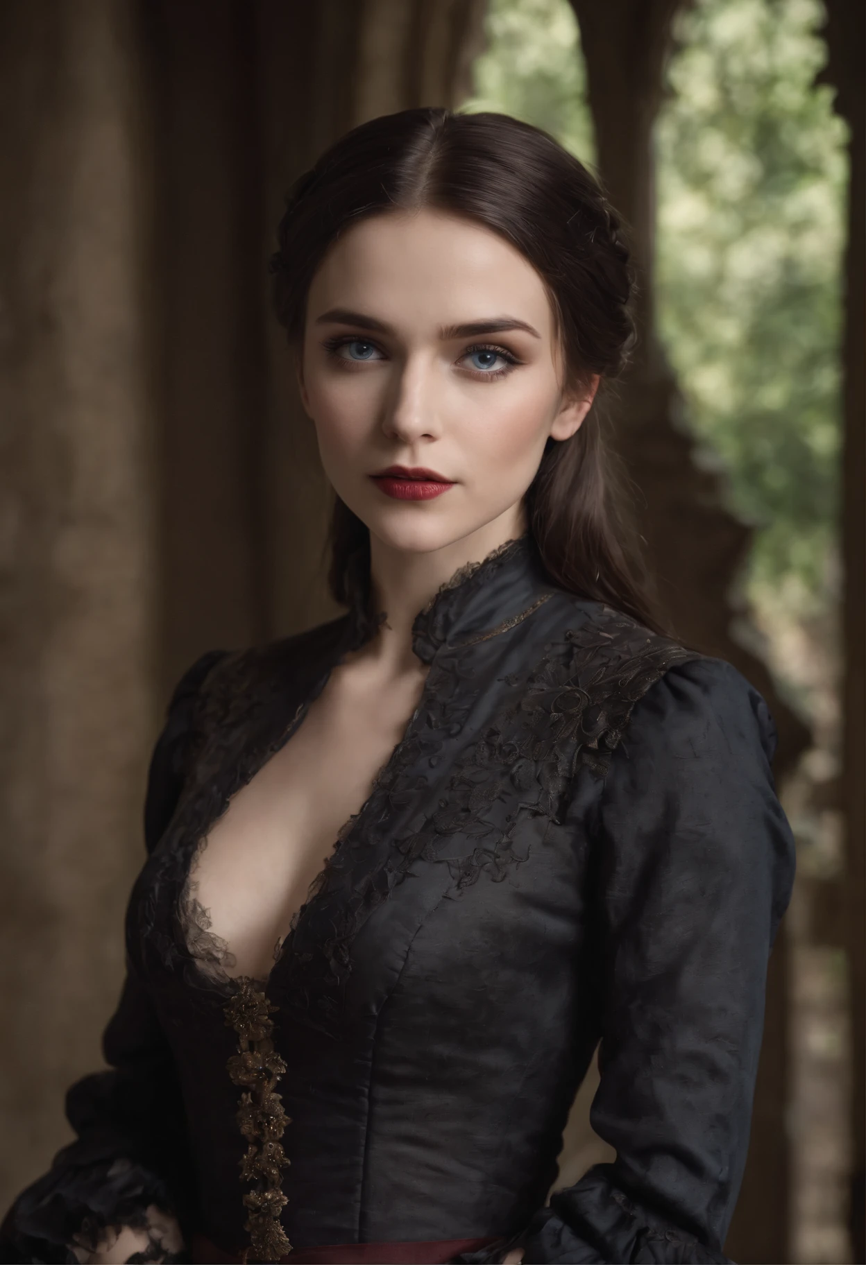 1 beautiful Gothic girl, (Realistic:1.3) upper body, photo, stand in front a manor, gothic dress, dark hair, blue eyes, masterpiece, diffuse soft film lighting, portrait, heavy makeup, best quality (perfect face:1.4), ultra-realistic highly detailed intricate realistic simulation style photo sharply focused on eyes, cinematic lighting, studio shot, gorgeous pose
