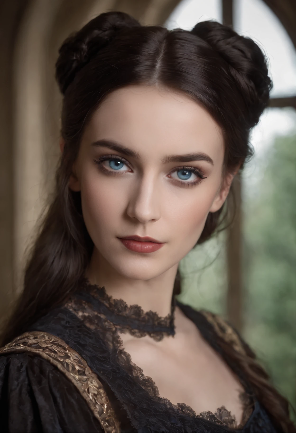 1 beautiful Gothic girl, (Realistic:1.3) upper body, photo, stand in front a manor, gothic dress, dark hair, blue eyes, masterpiece, diffuse soft film lighting, portrait, heavy makeup, best quality (perfect face:1.4), ultra-realistic highly detailed intricate realistic simulation style photo sharply focused on eyes, cinematic lighting, studio shot, gorgeous pose