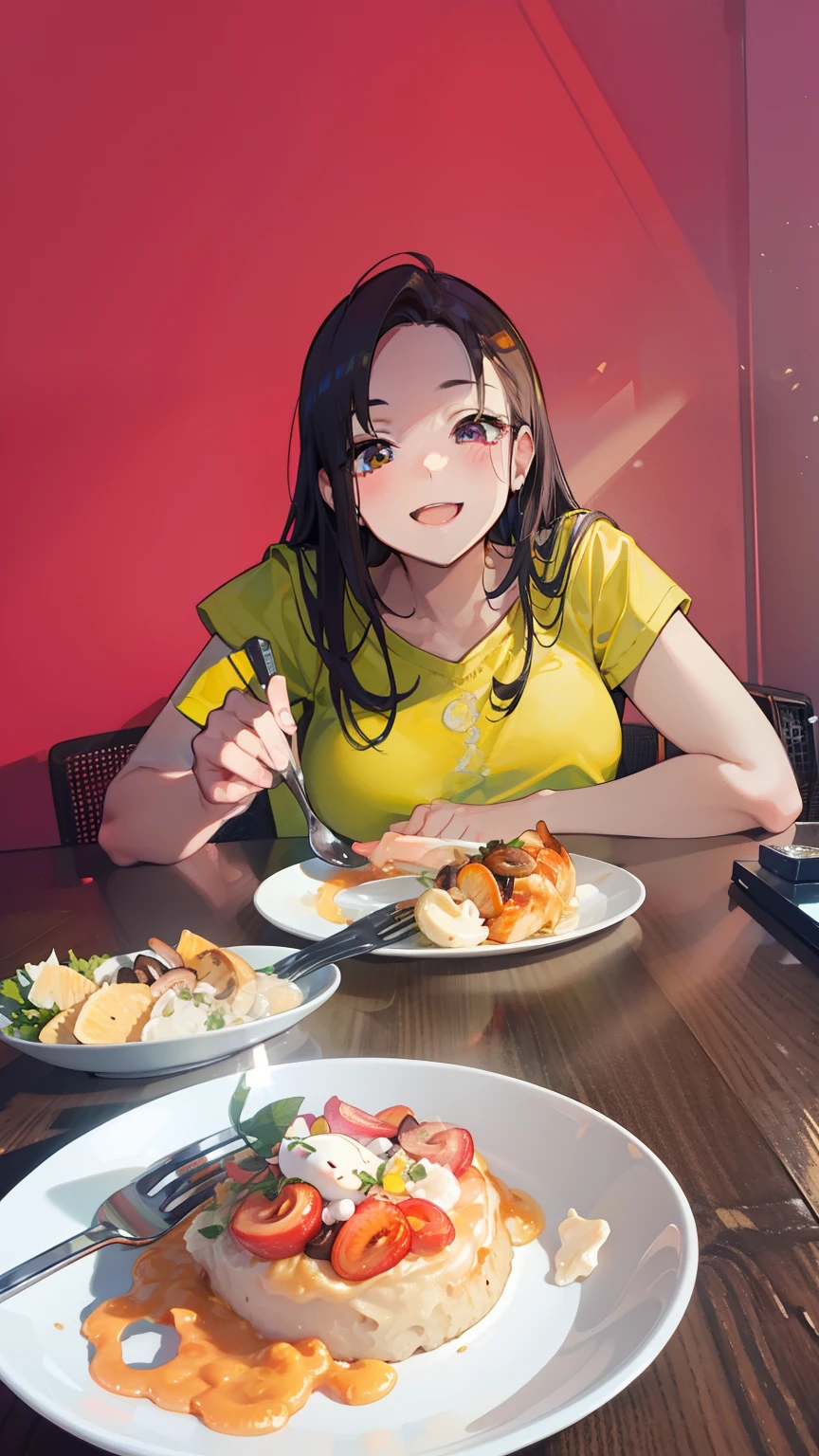 Rabbit-eared girl Mushroom dish sweet face Hold the food forward Eat!　Morning Morning Sun Junko, flowers, smiling,