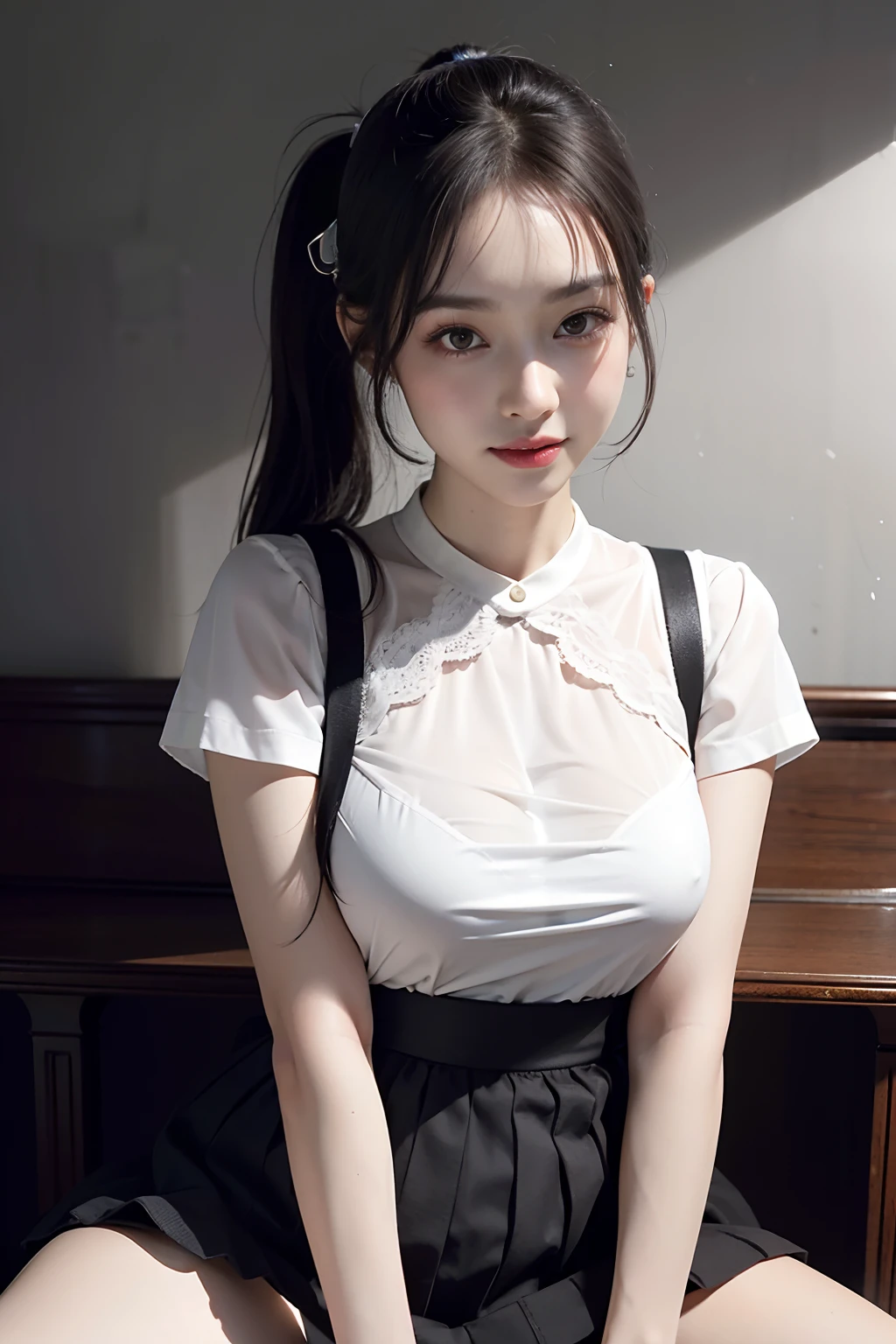 Ultra photo realsisim, 8K, CG,s the perfect face,flawless perfection,Ren,tmasterpiece,professionalartwork,famousartwork,s the perfect face,beauitful face,beautidful eyes,((((Double ponytail)))),((Perfect female body)),独奏,(immersiveatmosphere,lightand shade contrast:1.5,Bright light:1.2,lumnious),(Blushlush:0.5),Enchanting expression,Ultimate detail_The eye,thick thight,huge tit,Exquisite background,depth of fields,photorealestic:1.3,Faraway view,1girll,The shirt,pleatedskirt,school uniform,Sit Pose,((((full bodyesbian)))),(ambient lights:1.3),(cinematic compositions:1.3),(neonlight:0.1),(hdr:0.1),emphasis lighting,White panty hose,(((clear clothing)),Visible,The cleavage protrudes,(8K,top-quality,tmasterpiece:1.2),(hentail realism,Photorealsitic:1.37),ultra - detailed,1girll,Cute big breasts,Beautiful detailed sky,Detailed Cafe,natta,(Nasal blush),(A smile:1.15),(a closed mouth),Fine and beautiful eyes,(aprons:1.1),natta,Wet,long whitr hair,White lace,(short-hair:1.5),toppless、full body Esbian,a 20 yo woman,A brown-haired,with brown eye,Small head,((d杯)),fashionable girl,beautidful eyes,real looking skin,lifelike face,real looking skin,A detailed eye,Doing yoga,(double-ponytail:1.3),dynamicposes,Detailed face and breasts,see through shirt,The tip of the chest is prominent,areola is protruding,The shape of the pubic region is clearly visible,a lot of lashes,Pure black eyeshadow,Solid black sexy needle heels,pubick hair,The lower abdomen bristles,Crotch open,the breasts are large,It's about to spill out of the bra,Very much pubic hair,pubic hair is very protruding,petite and delicate figure,d杯,Protruding ,