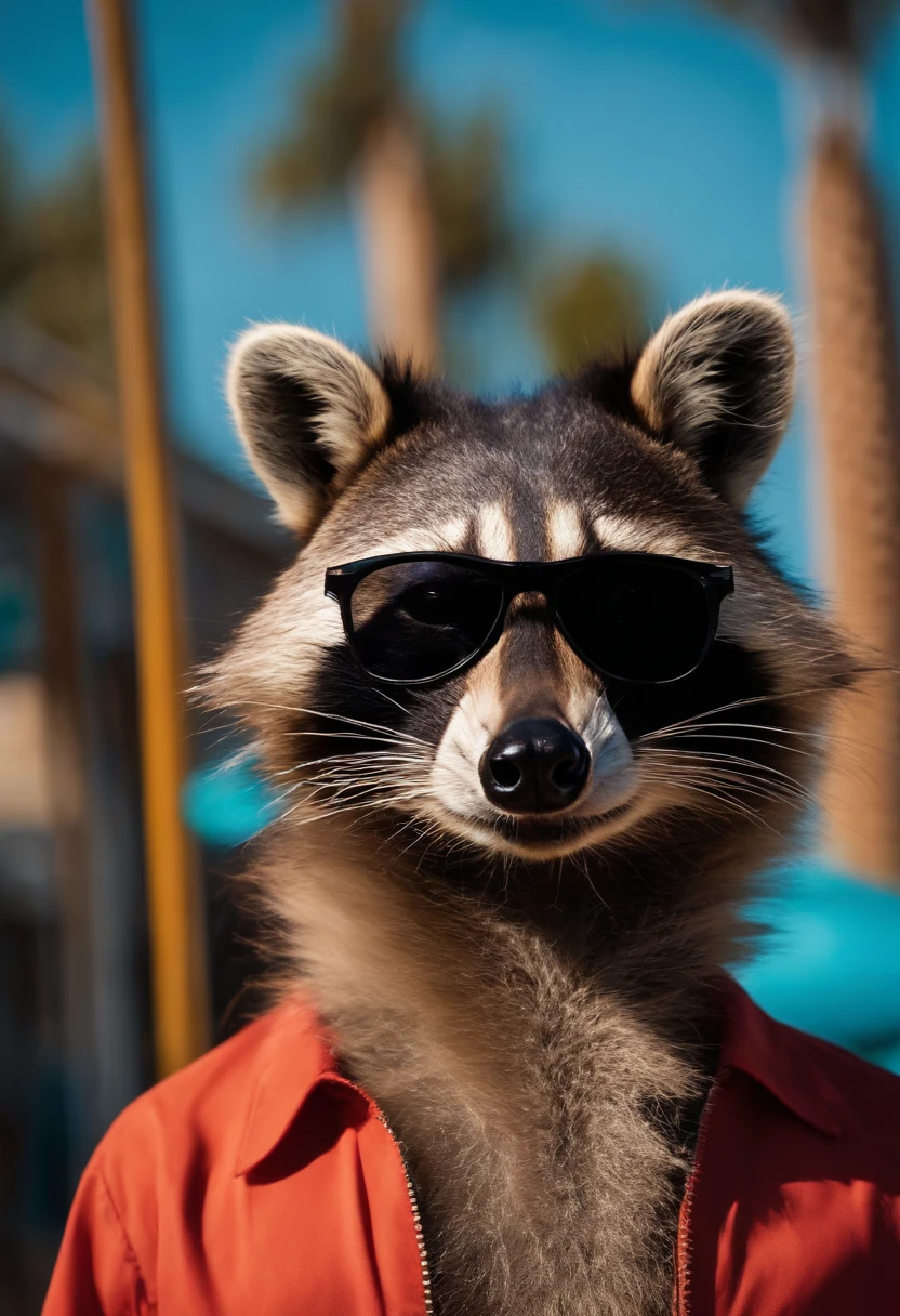 Groovy black 40 year old male raccoon face and ears, with human body, 3/4 profile portrait of a black man, modern fashionable style. funky wild 2023 accessories. etc. blurry summer lifeguard background