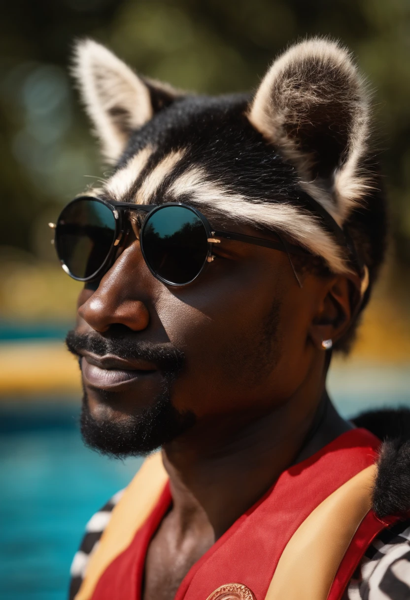 Groovy black 40 year old male raccoon face and ears, with human body, 3/4 profile portrait of a black man, modern fashionable style. funky wild 2023 accessories. etc. blurry summer lifeguard background