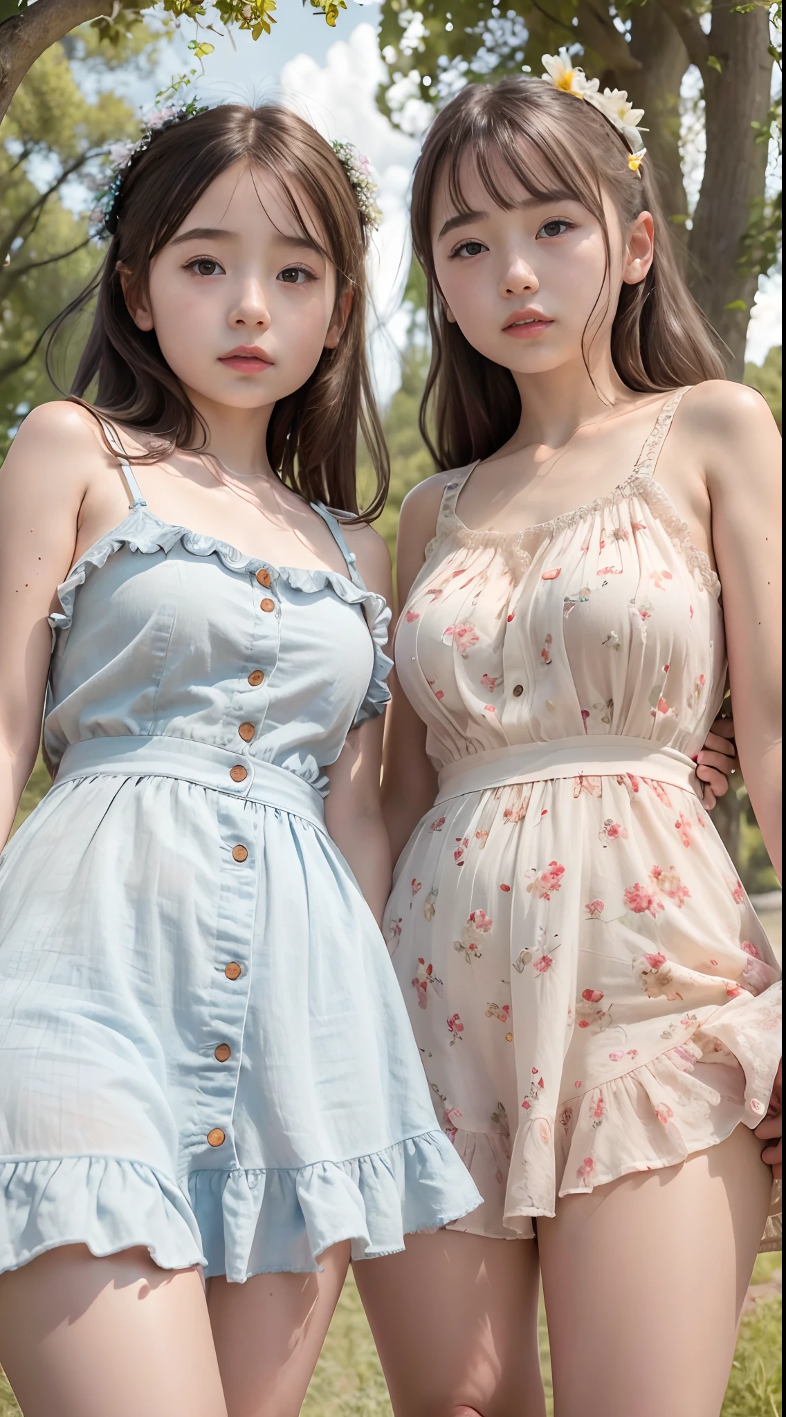 (2girls same age:1.2) , couple focus, frilled summerdress, adorable, yo, japanese girls, hair scrunchie, (smile:0.8), sunny day, standing, , twintails, (low contrast:1.1), (extremely detailed skin), (best quality:1.0), (ultra highres:1.0) ,(photo realistic:1.0), (ultra detailed:1.0), (8k, RAW photo:1.1)