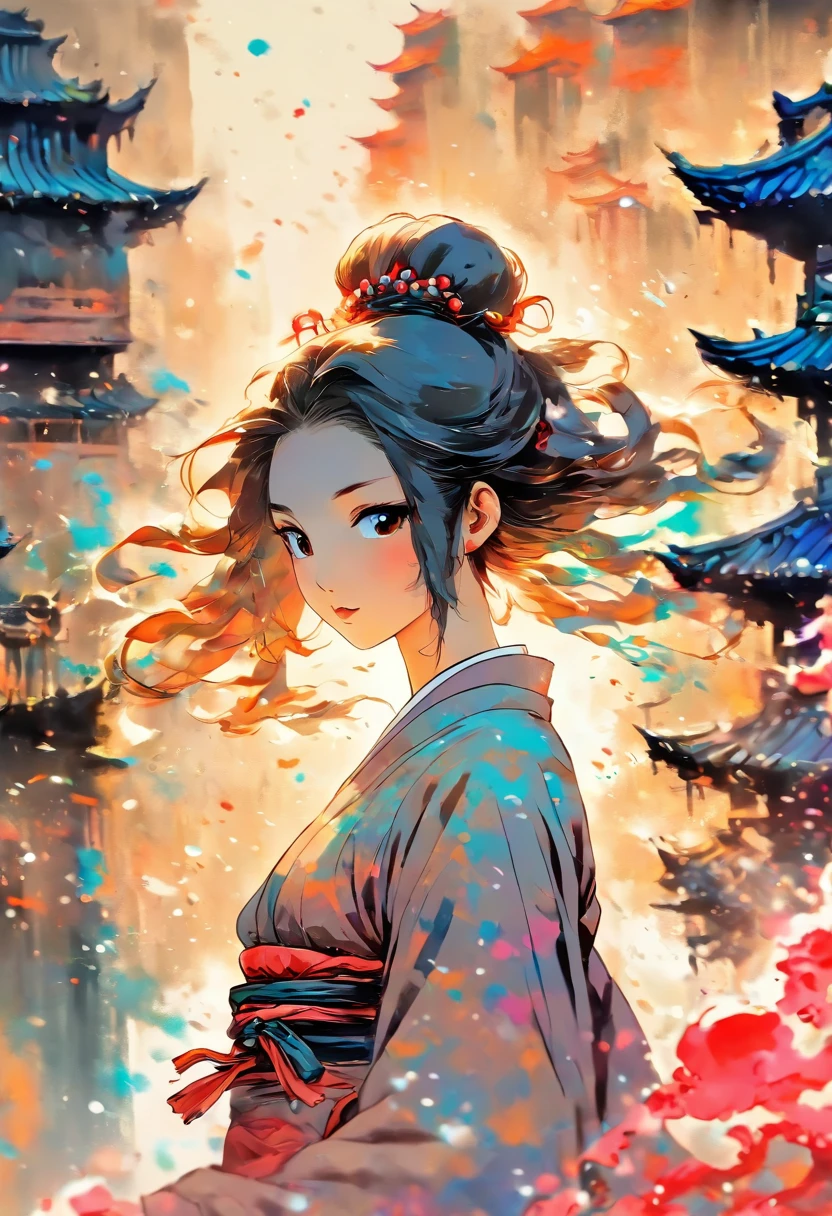 dramatic angle,(fluttered detailed ink splashs), (illustration),(((1 girl))),(long hair),(rain:0.6),(expressionless ,hair ornament:1.4),there is an ancient palace beside the girl,chinese clothes,(focus on), color Ink wash painting,(ink splashing),color splashing,((colorful)),[sketch], Masterpiece,best quality, beautifully painted,highly detailed,(denoising:0.7),[splash ink],yin yang, (the most beautiful art in the world:1.2)