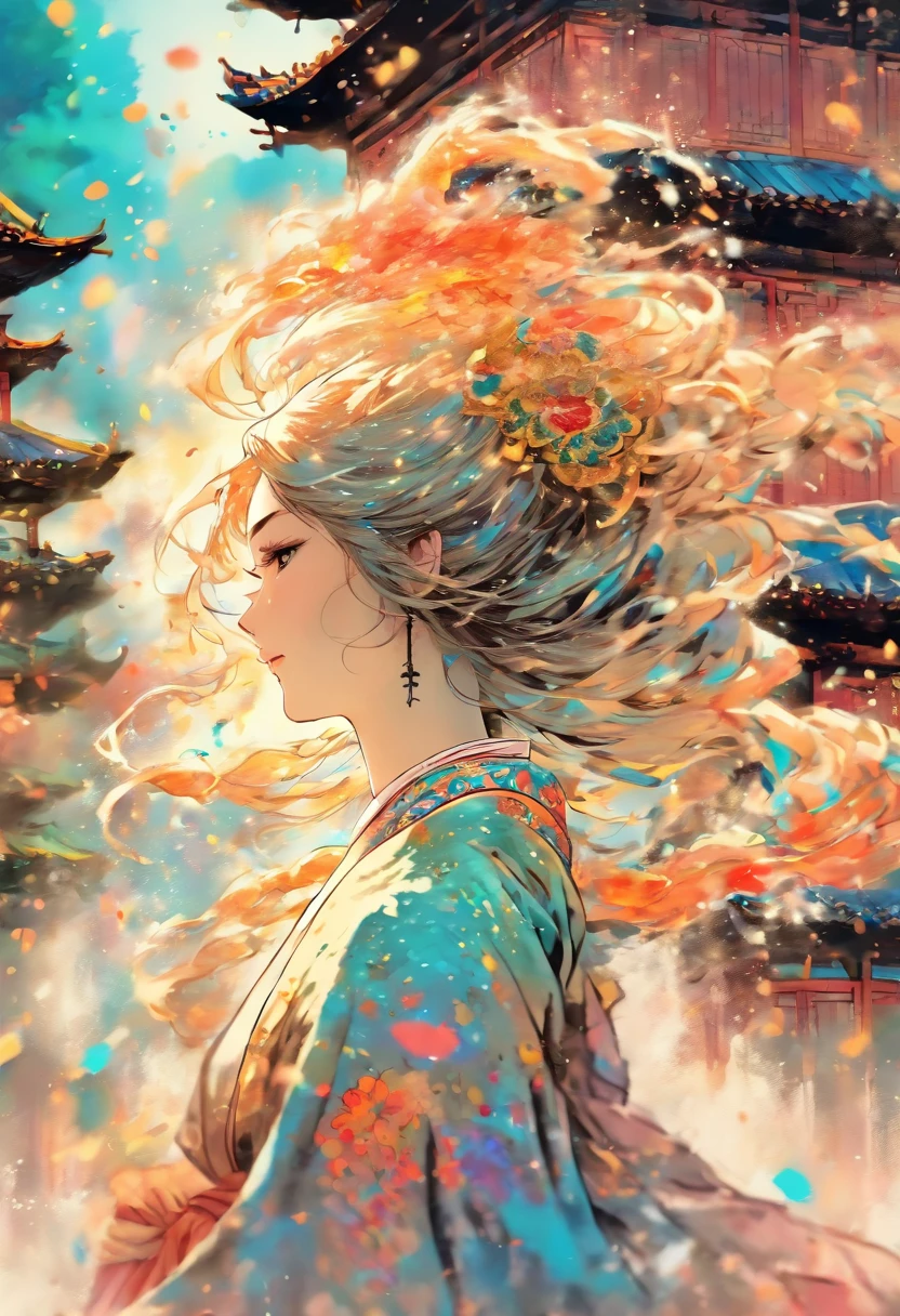 dramatic angle,(fluttered detailed ink splashs), (illustration),(((1 girl))),(long hair),(rain:0.6),(expressionless ,hair ornament:1.4),there is an ancient palace beside the girl,chinese clothes,(focus on), color Ink wash painting,(ink splashing),color splashing,((colorful)),[sketch], Masterpiece,best quality, beautifully painted,highly detailed,(denoising:0.7),[splash ink],yin yang, (the most beautiful art in the world:1.2)
