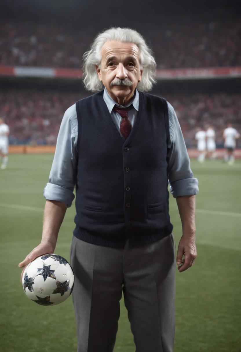 ((((Albert Einstein)))), wearing soccer outfit, looking at viewer, Full body portrait, hyper detailed POV, rich colors, hyper realistic, lifelike texture, dramatic lighting, standing in a soccer Stadium, detailed symmetric realistic face, extremely detailed natural texture, extremely detailed, amazing, fine detail, photo realistic, RAW photo, high quality, highres, sharp focus, extremely detailed, cinematic lighting, Top image quality, hight resolution, (((full body))), play along the stadium, Ball, (((see the whole body))), dramatic lighting, hdr