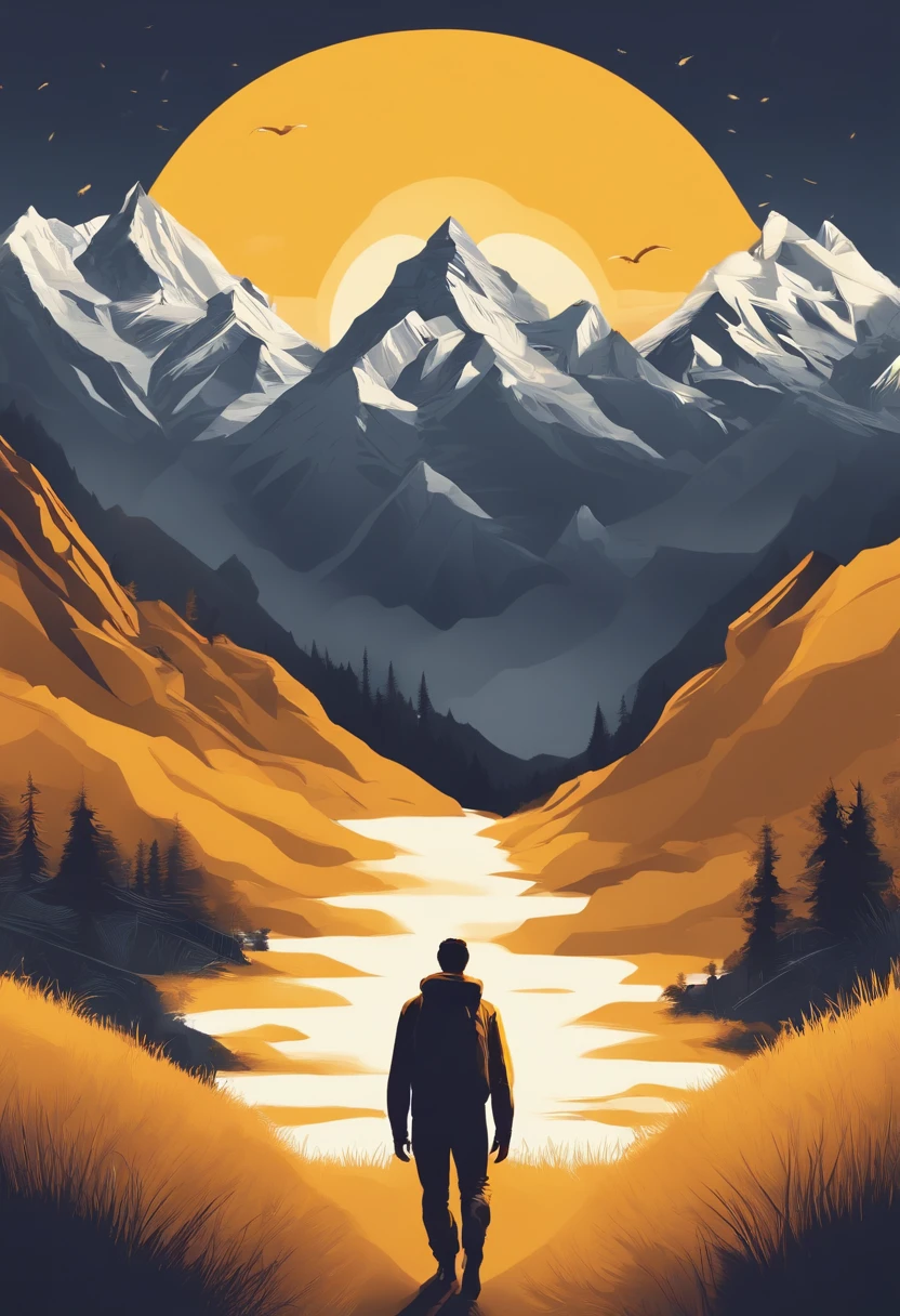 Sunshine Big Boy,big laughter,a two-dimensional style,Yellow skin,sunrise background,The upper part of the body,Frontal photo,mountain peaks