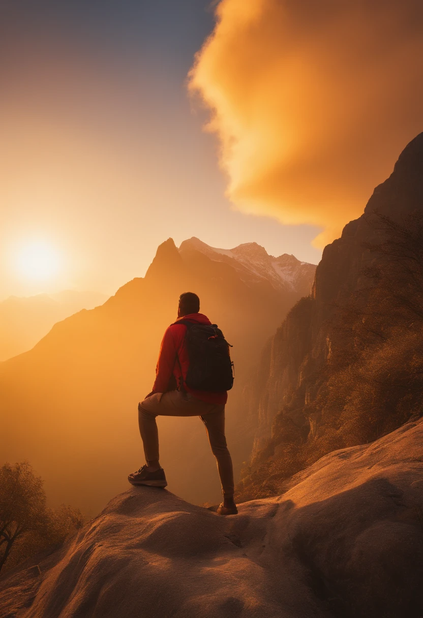 Sunshine Big Boy,big laughter,a two-dimensional style,Yellow skin,sunrise background,The upper part of the body,Frontal photo,mountain peaks