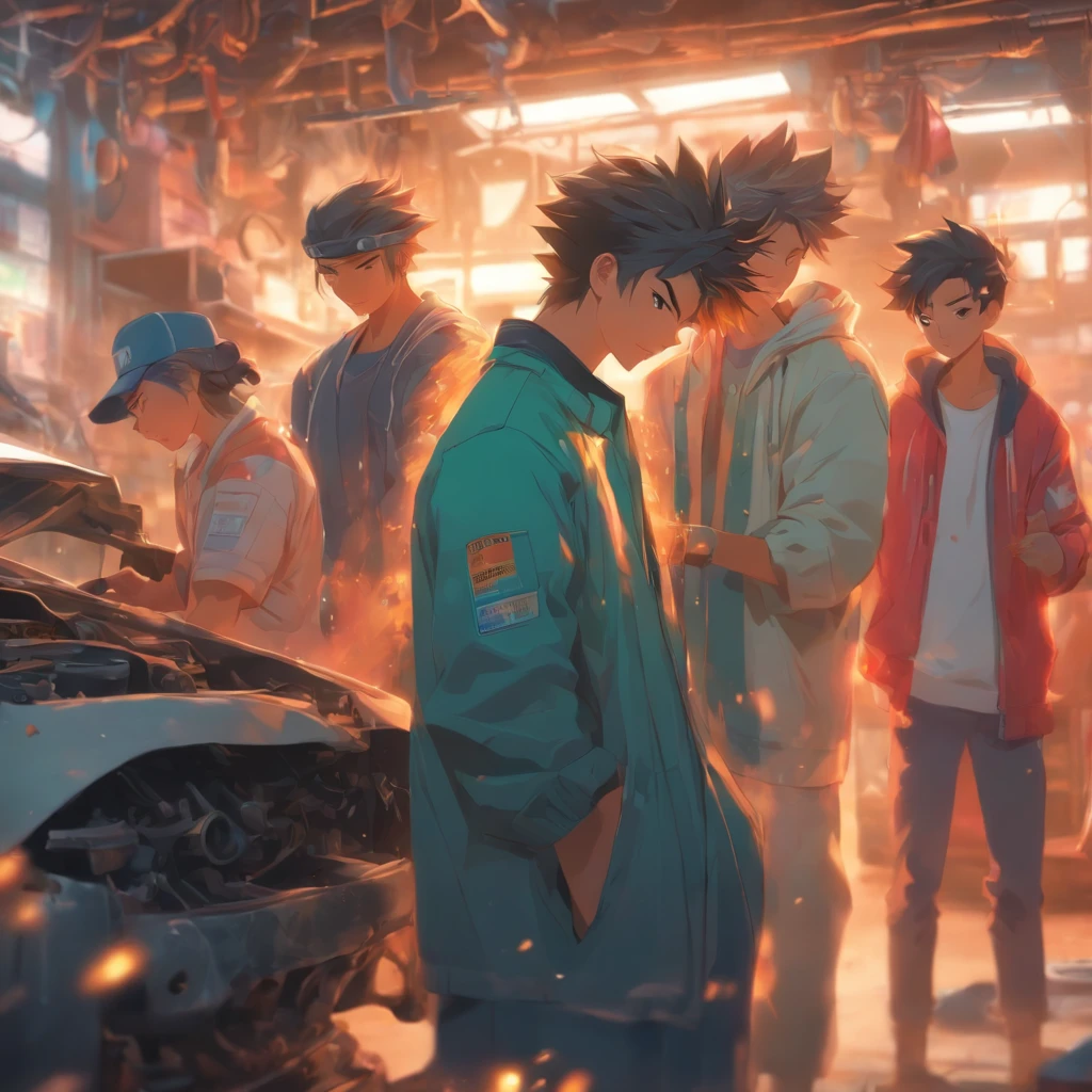 Semi-realistic illustration of car repair shop with three asian young people, Girl sticking car clothes,Boy cutting a car suit,The other holds up the jacket and carefully examines the translucent color of the garment, Everyone does different parts in the process of applying car packaging. One of the males has slightly darker skin. 4k,k hd。