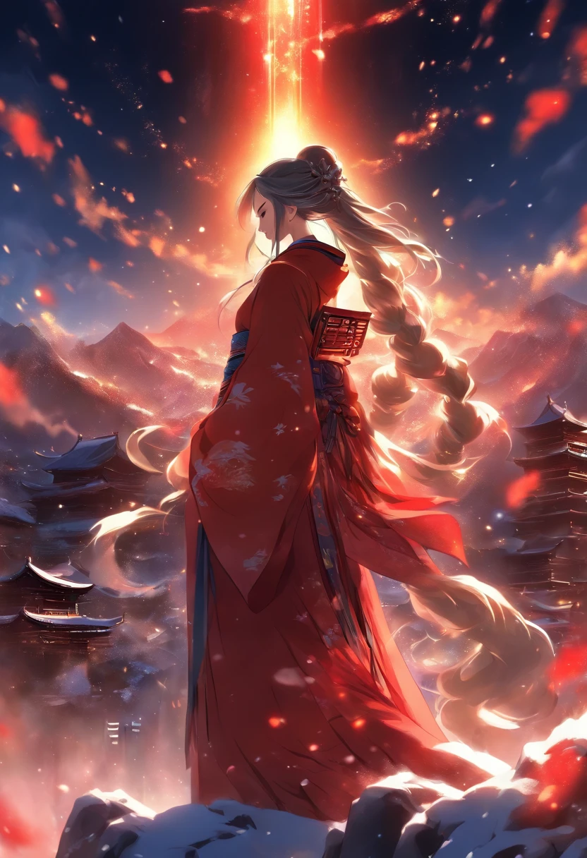 Atmospheric perspective, in a panoramic view, Lens flare, Sony FE GM, Ultra-wide angle, Masterpiece, Anatomically correct, Super detail, High quality, High details,Background: (Magnificent snow-capped mountains under the stars:1.5), aurora, meteor shower, Woman in red Chinese outfit,Tang dynasty painting style,Back shadow,long whitr hair