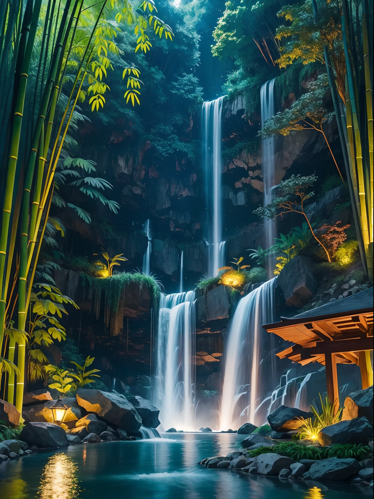 Artificial Waterfall, bamboo forest, falling green leaves, realistic mystical, water fountain valley, night view, tube lights effects, masterpiece collection, best quality, crows flying around the artificial waterfall