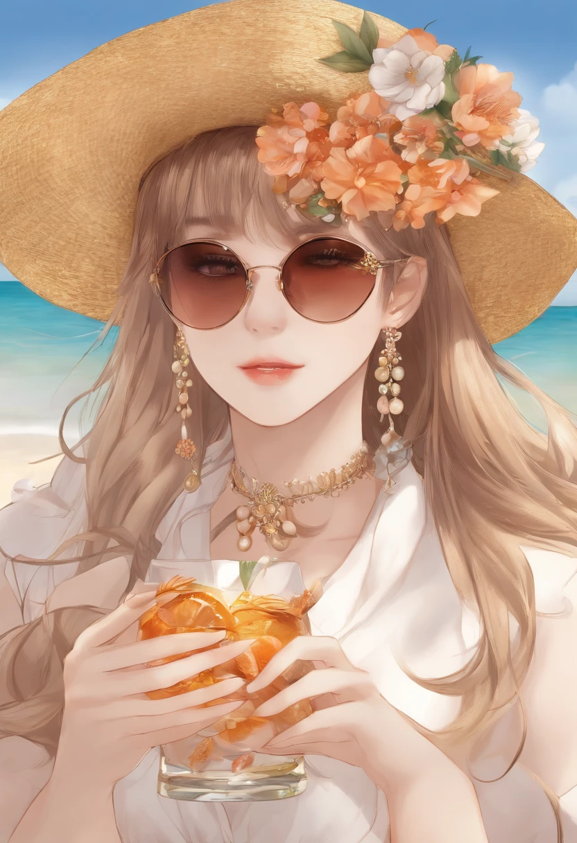 absurderes, A high resolution, Ultra detailed, 1girll, Solo, Extremely detailed eyes, starfish, seashell, shells, flower, Hat, hair adornments, jewelry, Straw hat, view the viewer, sunglasses, hatflower, drinking straw, hair pin, Earrings, Red flower, colored glasses, yellowflower, bangs, English text, multicolored hair, orangeflower, Black hair, ring, Ccup, Long hair, orange-tinted eyewear, food, Brown hair, Portrait, shell hair ornament
