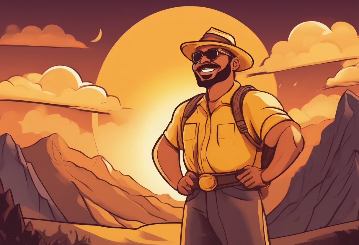 Sunshine Big Boy,big laughter,a two-dimensional style,Yellow skin,sunrise background,The upper part of the body,Frontal photo,mountain peaks