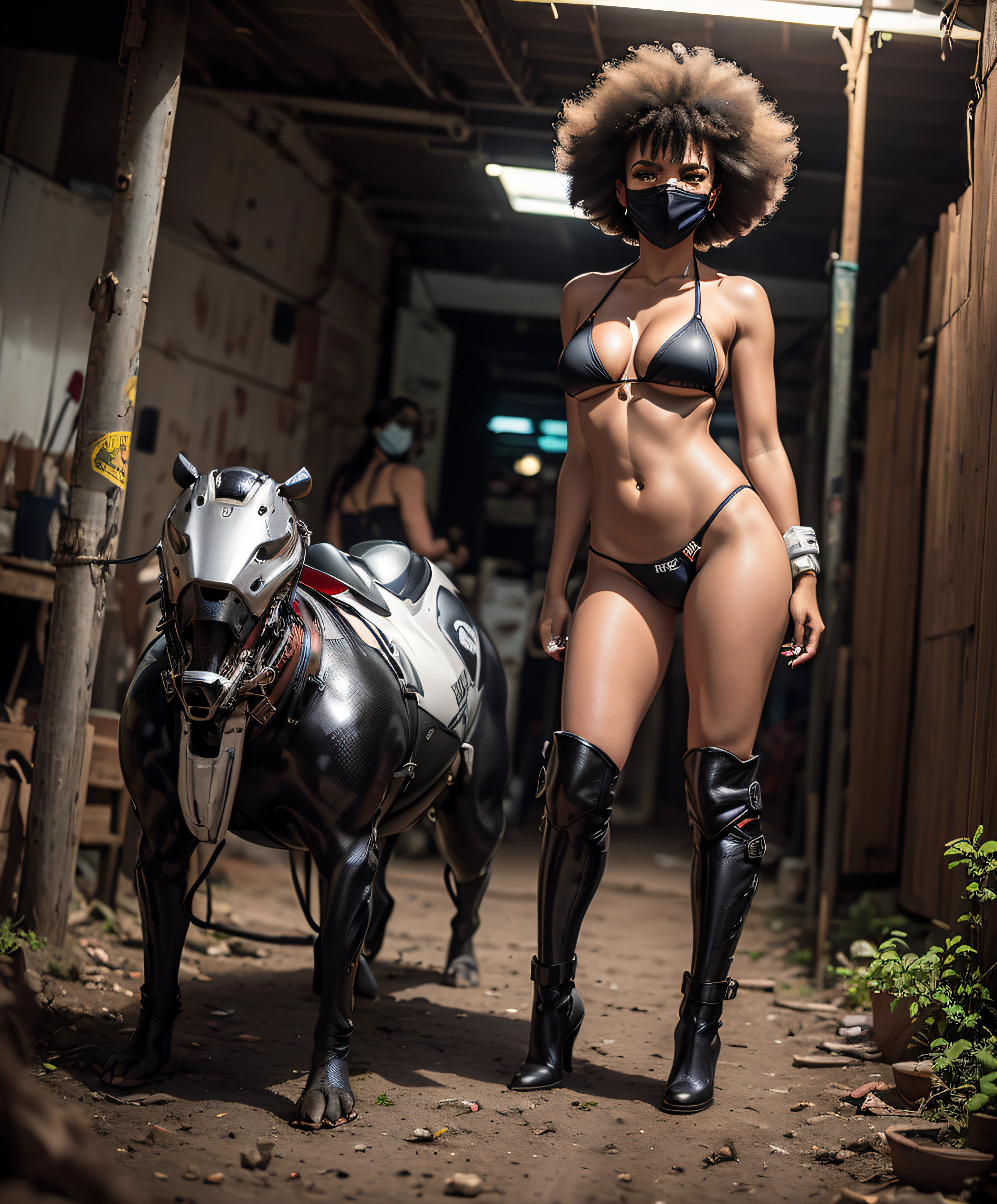 Black woman in sexy bikini, afro braids hair, (((cabelo afro))), ((garagem underground)), ((mulheres negras sexy)) Use of motocross masks, distortionless, sharped image, dedos lindos, dedos perfeitos, corpo escultural ((MULHER SEXY)), silver bikini, rosto perfeito, Motocross mask in the mouth and eyes, ((viseira neon nos olhos)), ((BOTAS LONGAS PRATEADAS))