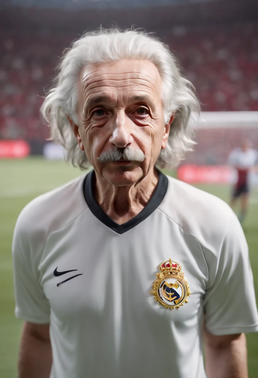 ((((Albert Einstein)))), ((((wearing soccer player outfit))))), looking at viewer, Full body portrait, hyper detailed POV, rich colors, hyper realistic, lifelike texture, dramatic lighting, standing in a soccer Stadium, detailed symmetric realistic face, extremely detailed natural texture, extremely detailed, amazing, fine detail, photo realistic, RAW photo, high quality, highres, sharp focus, extremely detailed, cinematic lighting, Top image quality, hight resolution, (((full body))), play along the stadium, Ball, (((see the whole body))), dramatic lighting, hdr