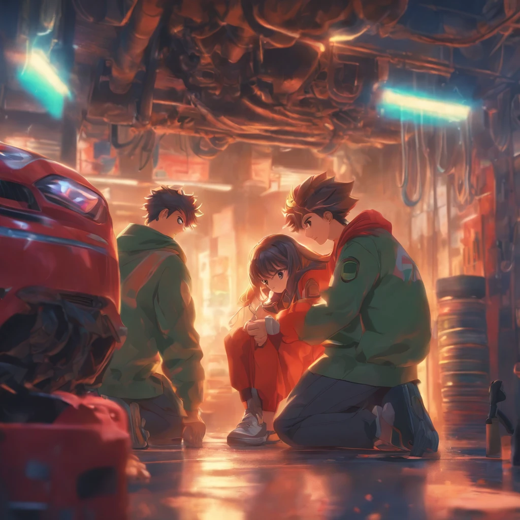 Semi-realistic illustration of auto repair shop, Girl sticking car clothes,Boy cutting a car suit,The other holds up the jacket and carefully examines the translucent color of the garment, Everyone does different parts in the process of applying car packaging. One of the males has slightly darker skin. 4k,k hd。