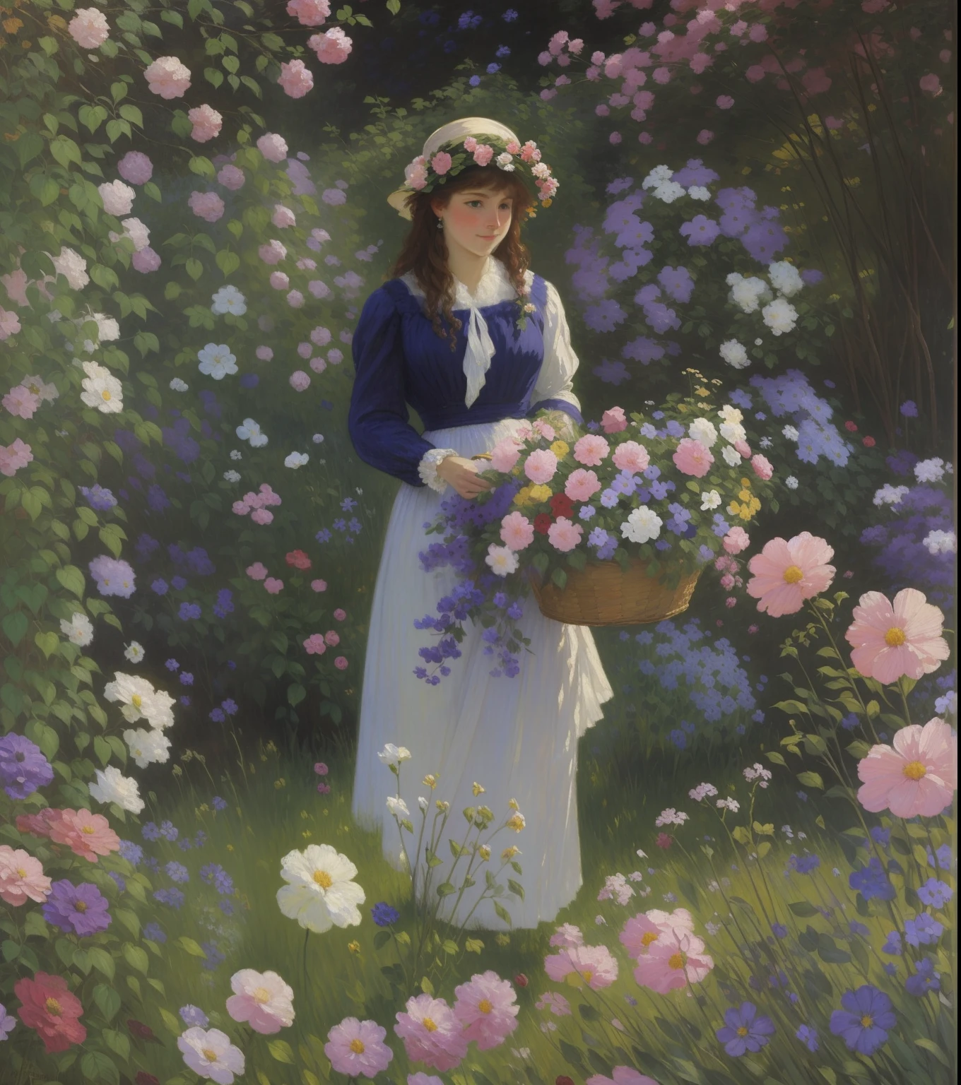 painting of a woman in a garden with flowers and a basket of flowers, by Robert Reid, in the garden, by Robert William Vonnoh, danile gerhartz, in a garden, picking flowers, by George Gardner Symons, inspired by George Gardner Symons, by Guy Rose, daniel gerhartz, by Colin Campbell Cooper, 24k resolution hyperdetailed, impressionism