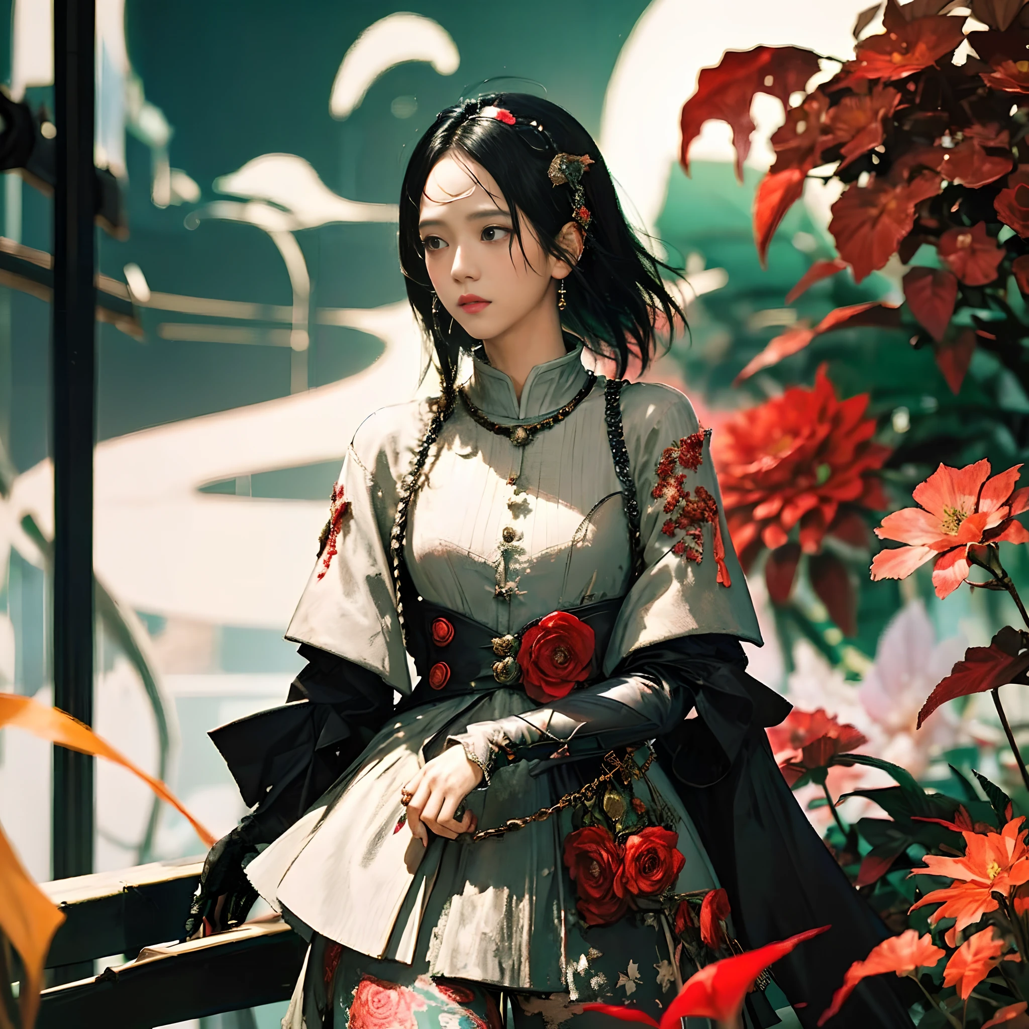 offcial art, Unity 8k Wallpapers, ultra - detailed,full body shot shot, Beauty and aesthetics, tmasterpiece, best qualtiy, (Zen entanglement, datura, Tangles, entangled), (s fractal art:1.3) , 1girll, Red flower, The is very detailed,Full-body dynamic angle, cowboy lens, The most beautiful forms of chaos, ellegance, Fauvistdesign, vivd colour, romanticism lain, James Jean, Robbie Devi Antono, ross tran, Francis Bacon, Michal Mraz, adrian ghenie, petra cortright, Gerhard Richter、Takato Yamamoto、Ashley Wood、atmospurate