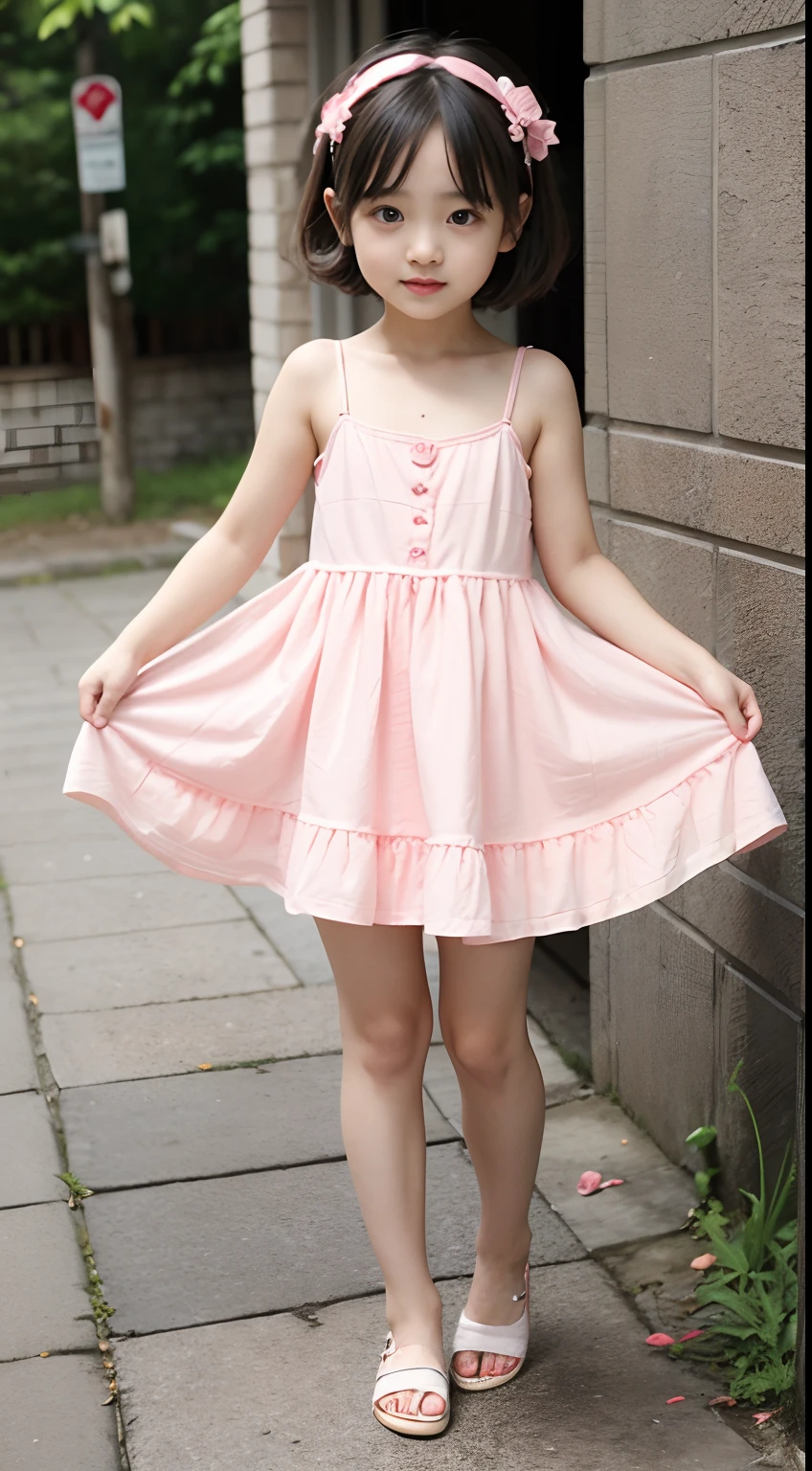 li, lo face, loli body, flat chest, standing, full body, short hair, short dress, pink summer dress, pink dress, pink nighty gown
