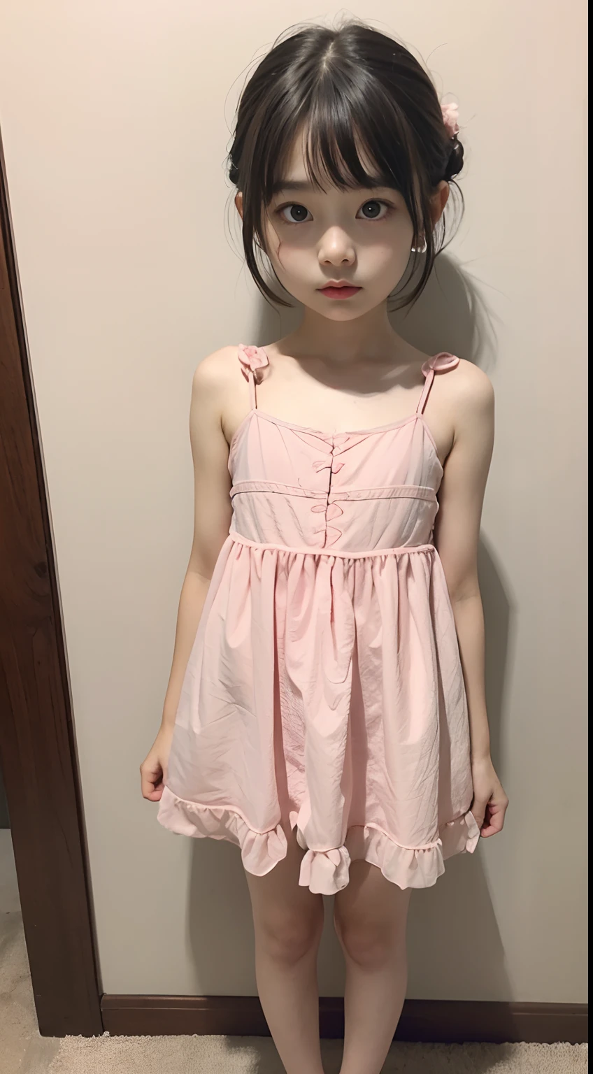 li, lo face, loli body, flat chest, standing, full body, short hair, short dress, pink summer dress, pink dress, pink nighty gown
