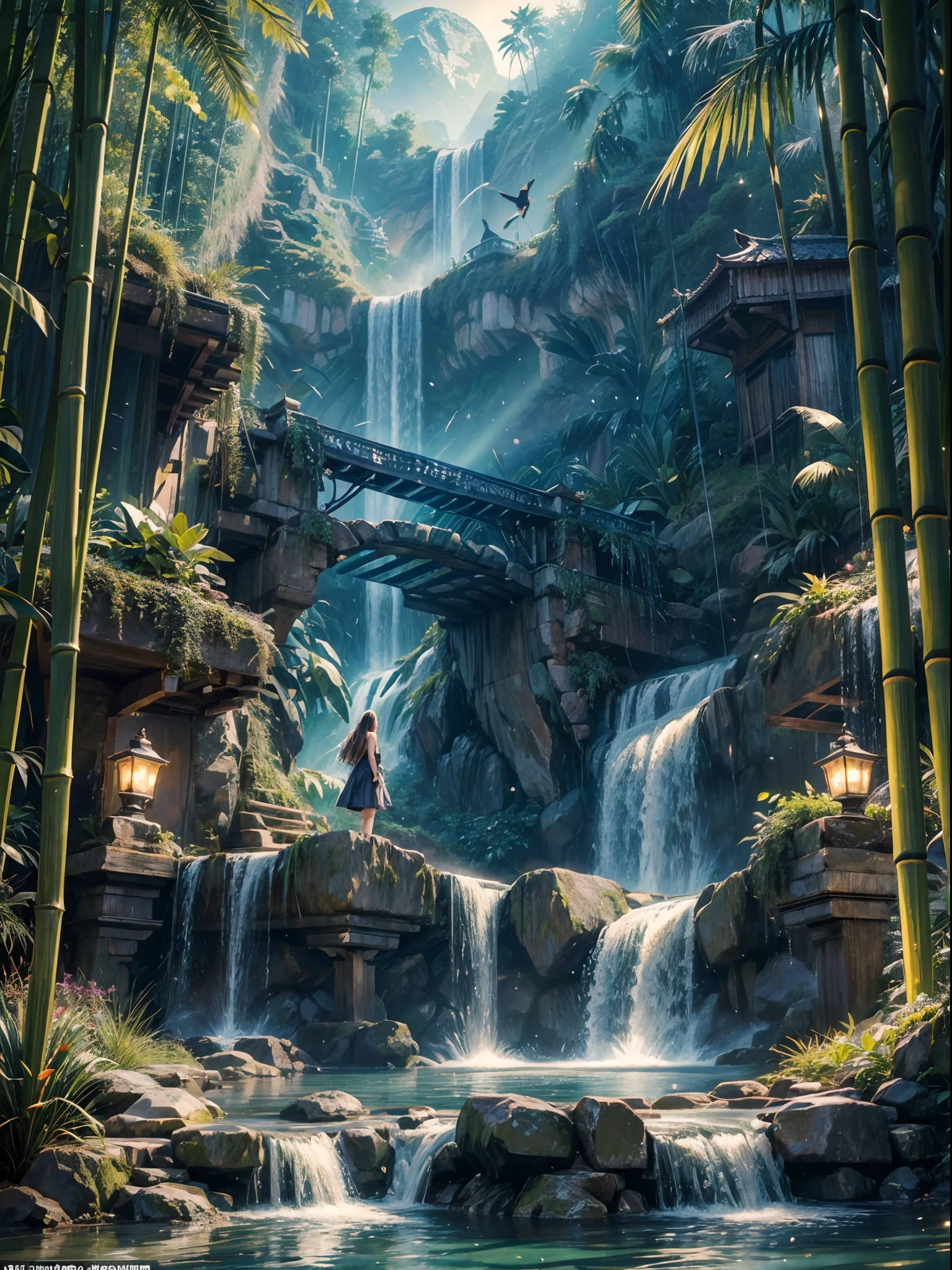 Artificial Waterfall, a girl standing there, bamboo forest, falling green leaves, realistic mystical, water fountain valley, half moon, mid-night view, tube lights effects, masterpiece collection, best quality, crows flying around the artificial waterfall