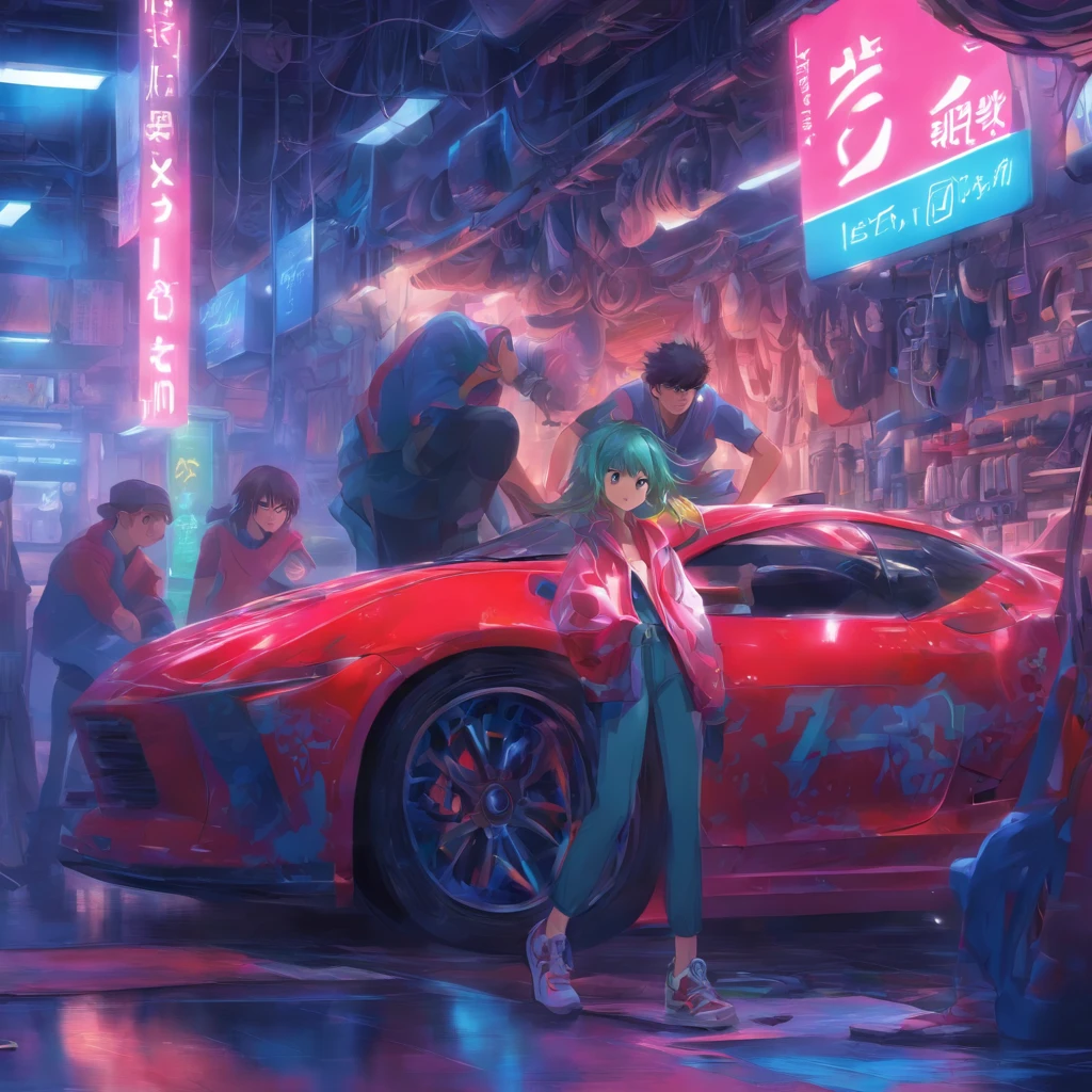 Semi-realistic illustration of auto repair shop, Girl sticking car clothes，The boy crouched on the car suit，The other holds up the jacket and carefully examines the translucent color of the garment, Everyone does different parts in the process of applying car packaging. One of the males has slightly darker skin. 4k，k hd。