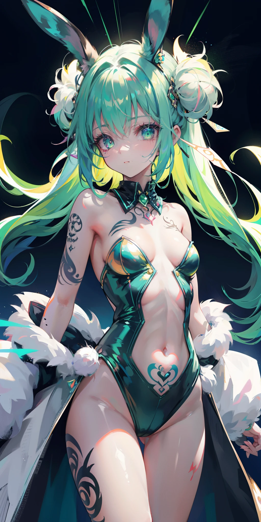 Rabbit technique , sci-fy, Fluffy ,
1girll, Tattoos, Glowing tattoos, Glowing eyes, Colorful glowing hair , (full bodyesbian), Green hair,Open navel
Kavitek, Pastel colors, kawaii, cutecolors,