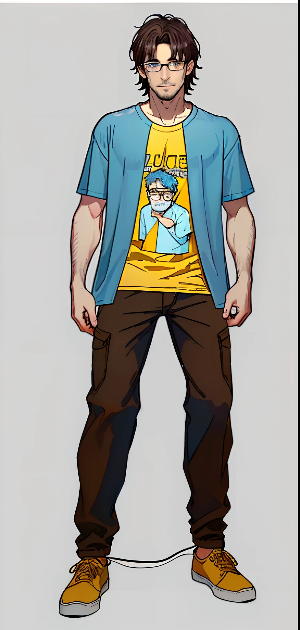 (high quality, clear, detailed:1.2),white background,a man (grey eyes, dark hair, stubble, wearing glasses),((yellow t-shirt, light blue shirt outer, dark pants, brown shoes))