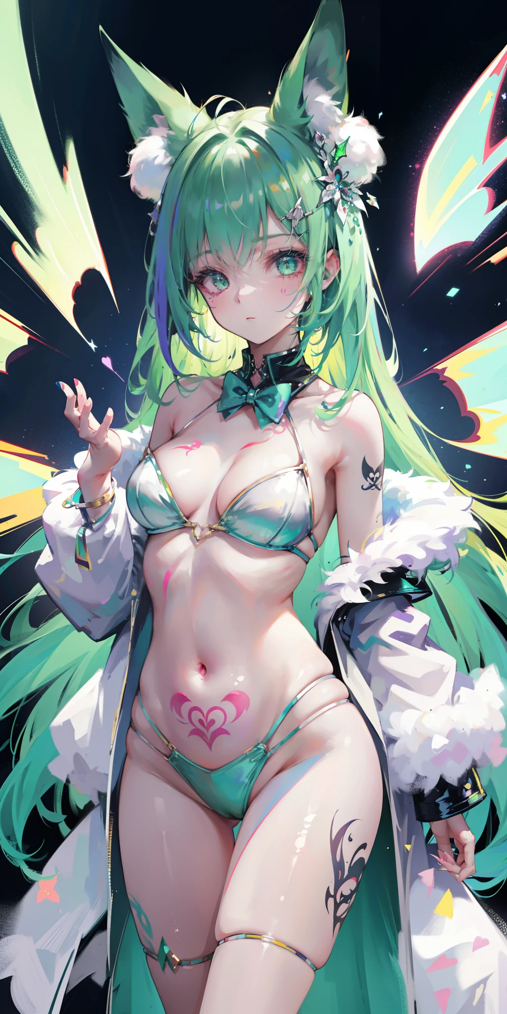 Rabbit technique , sci-fy, Fluffy ,
1girll, Tattoos, Glowing tattoos, Glowing eyes, Colorful glowing hair , (full bodyesbian), Green hair,Open navel
Kavitek, Pastel colors, kawaii, cutecolors,