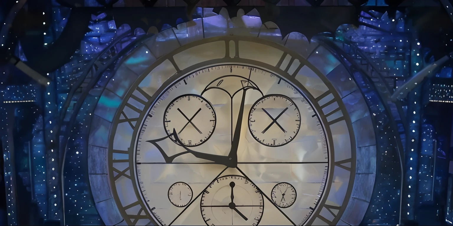 there is a large clock that is on the wall of a building, giant clock, big clock, clockface, huge mechanical clocks, clocktower, clockwork, infinite space clock background, mechanical clock, father time, clock, clock iconography, projection mapping, crystalized time warps, clock tower, projection design installation, youtube video screenshot, movie screen shot, clockpunk wizard of oz play backdrop