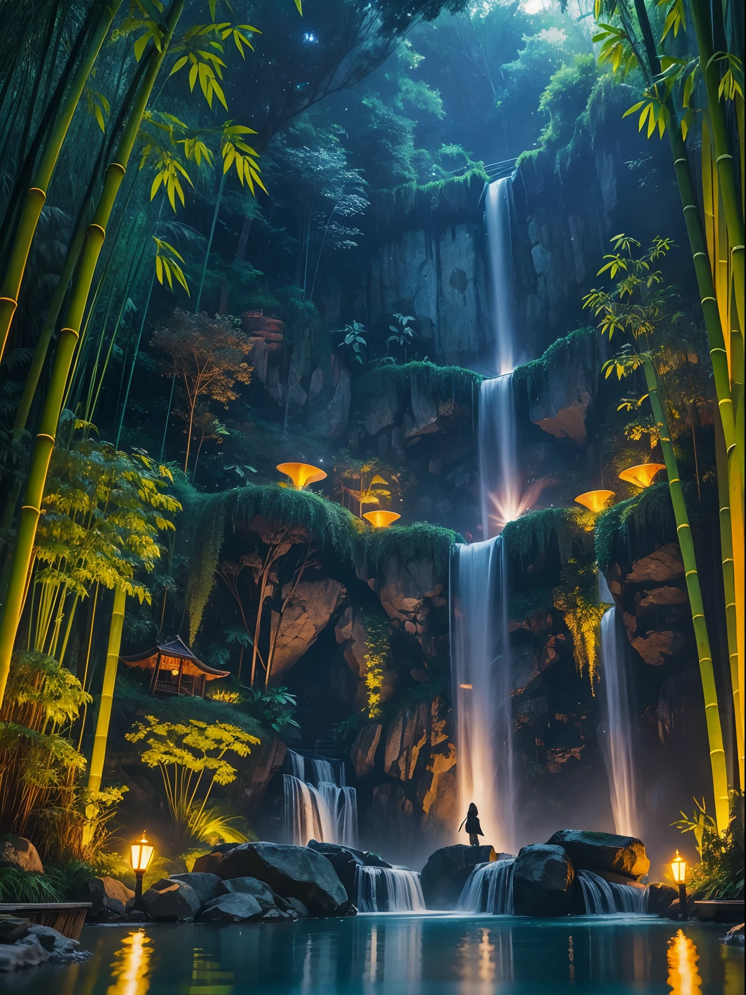 Artificial Waterfall, a girl standing there, bamboo forest, falling green leaves, realistic mystical, water fountain valley, night view, tube lights effects, masterpiece collection, best quality, crows flying around the artificial waterfall