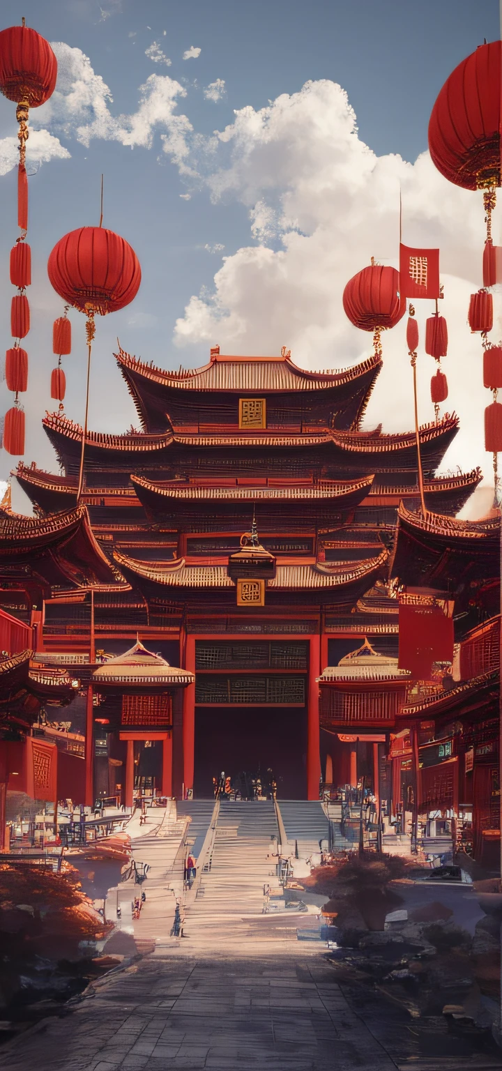 filmposter, big buildings, Chinese architecture in mechanical style, The flag flies, Plaza, vibrant with colors, Sunny weather, ultra-wide-angle, 8K quality, CG high-quality charts,C4D rendering effects,Be creative, Reference source: Sci-fi futuristic movie, Reference source: Tiananmen square, China, Reference source: The Palace Museum of China, trending on cgstation,