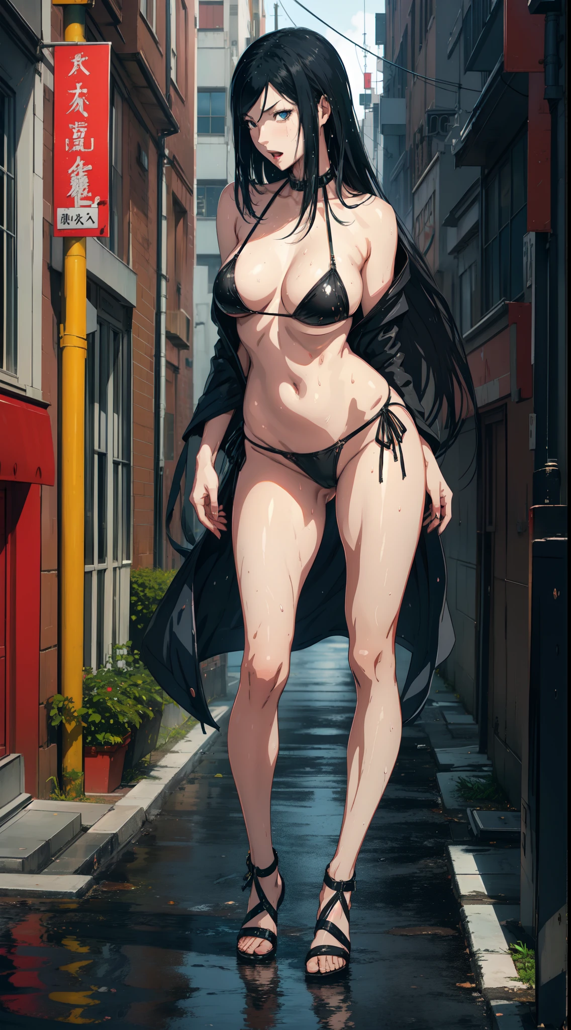 Kurihara Mari from prison school, black long hair, blue eyes, wearing thong bikini, standing on the City street,wet body, vibrant colours, joyful expression, full body view, back view.